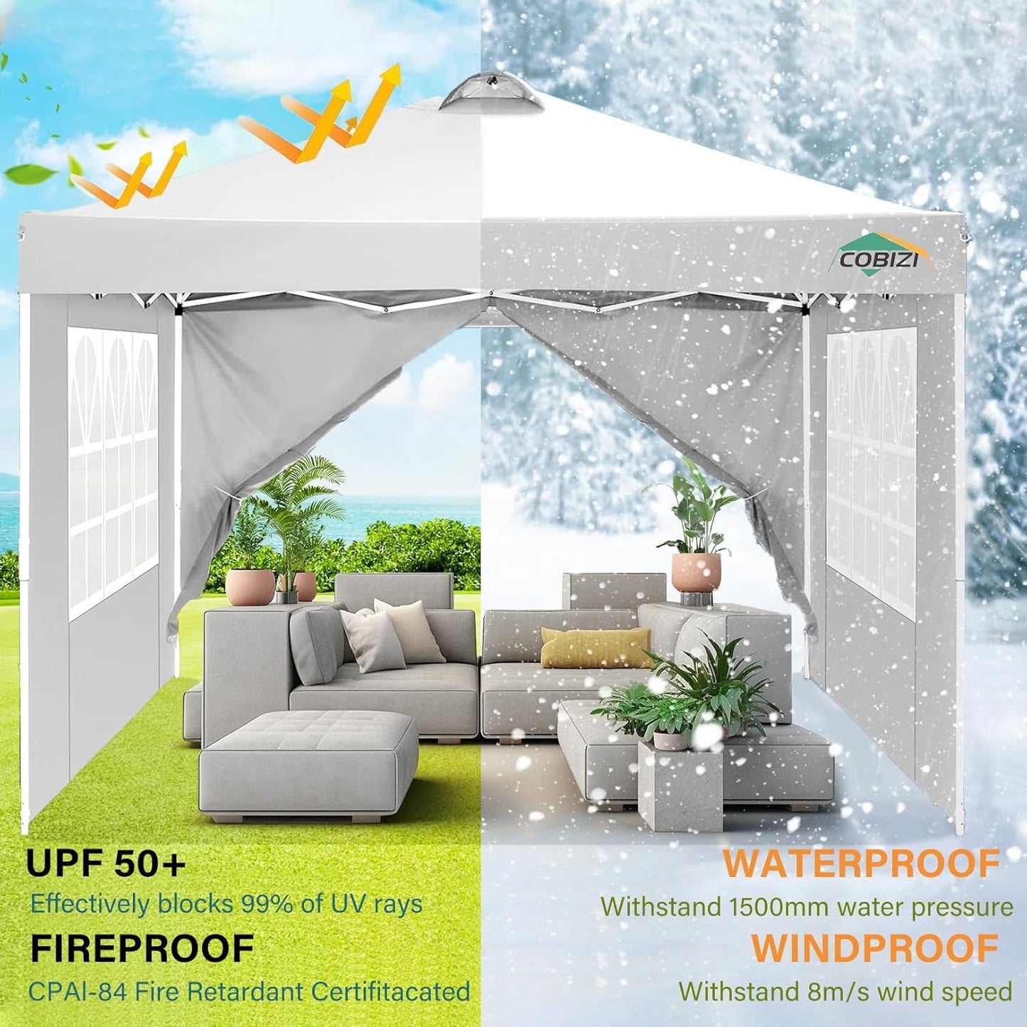 COBIZI 10x10 Pop Up Canopy Tent, One Push Outdoor Gazebo with 4 Removable Sidewalls & Air Vent, Waterproof Commercial Easy Up Adjustable Canopy with 4 Sandbags, 4 Stakes & 8 Ropes for Party, White