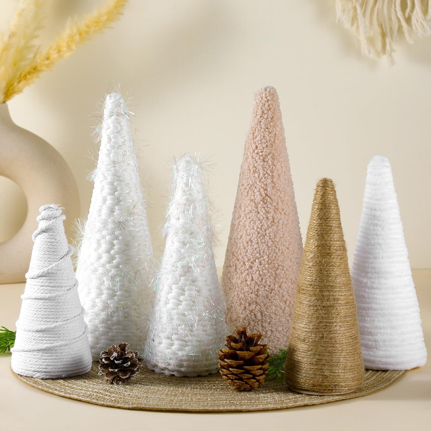 VercanMonth 6 Pcs Christmas Yarn Cone Trees Rustic Farmhouse Christmas Neutral Boho Cone Trees Tabletop Centerpiece Mantle Tree Table Decoration for Winter Holiday Tiered Tray, 8 Inch 7 Inch 5 Inches