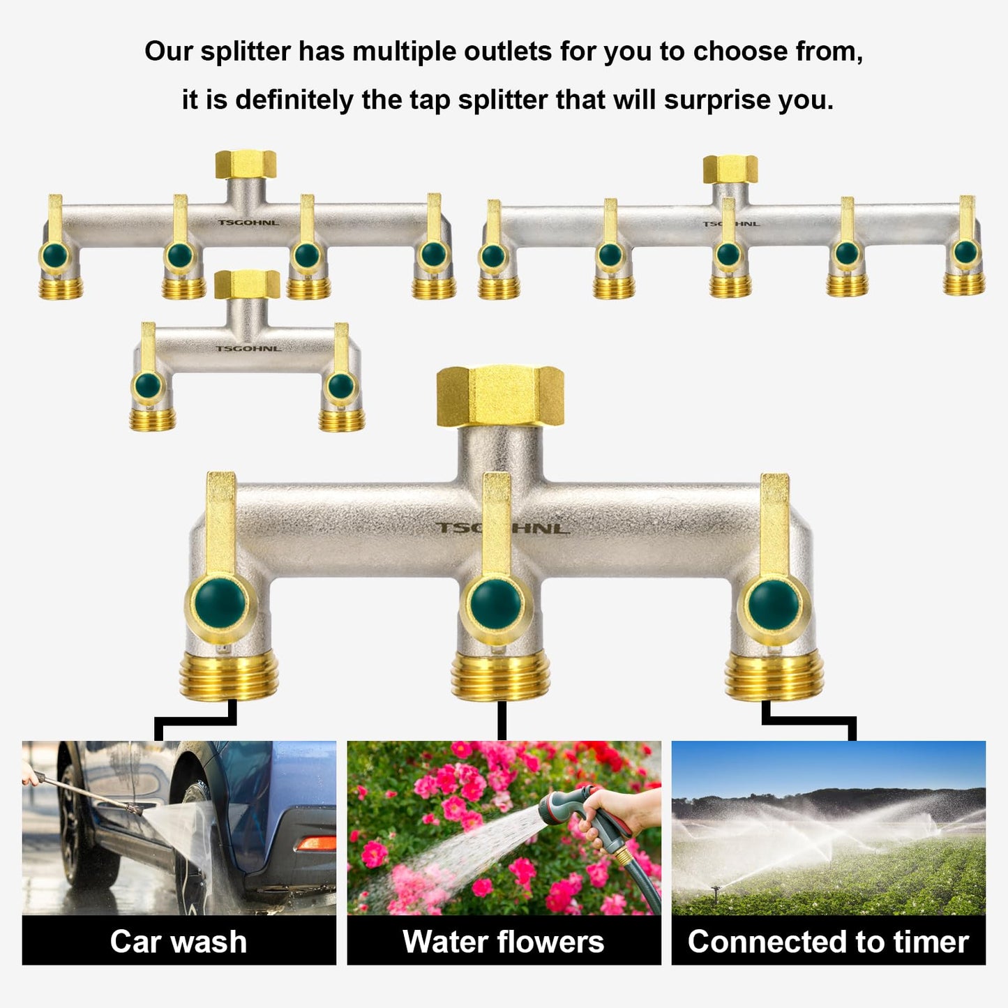 Garden Hose Splitter, 3-Way Faucet Diverter with 3 Extended Metal Handles, Outdoor Hose Splitter, Heavy Duty Brass Nickel Plated, GHT 3/4-Inch Heavy Duty Hex Female Inlet and 3/4-Inch Male Outlet