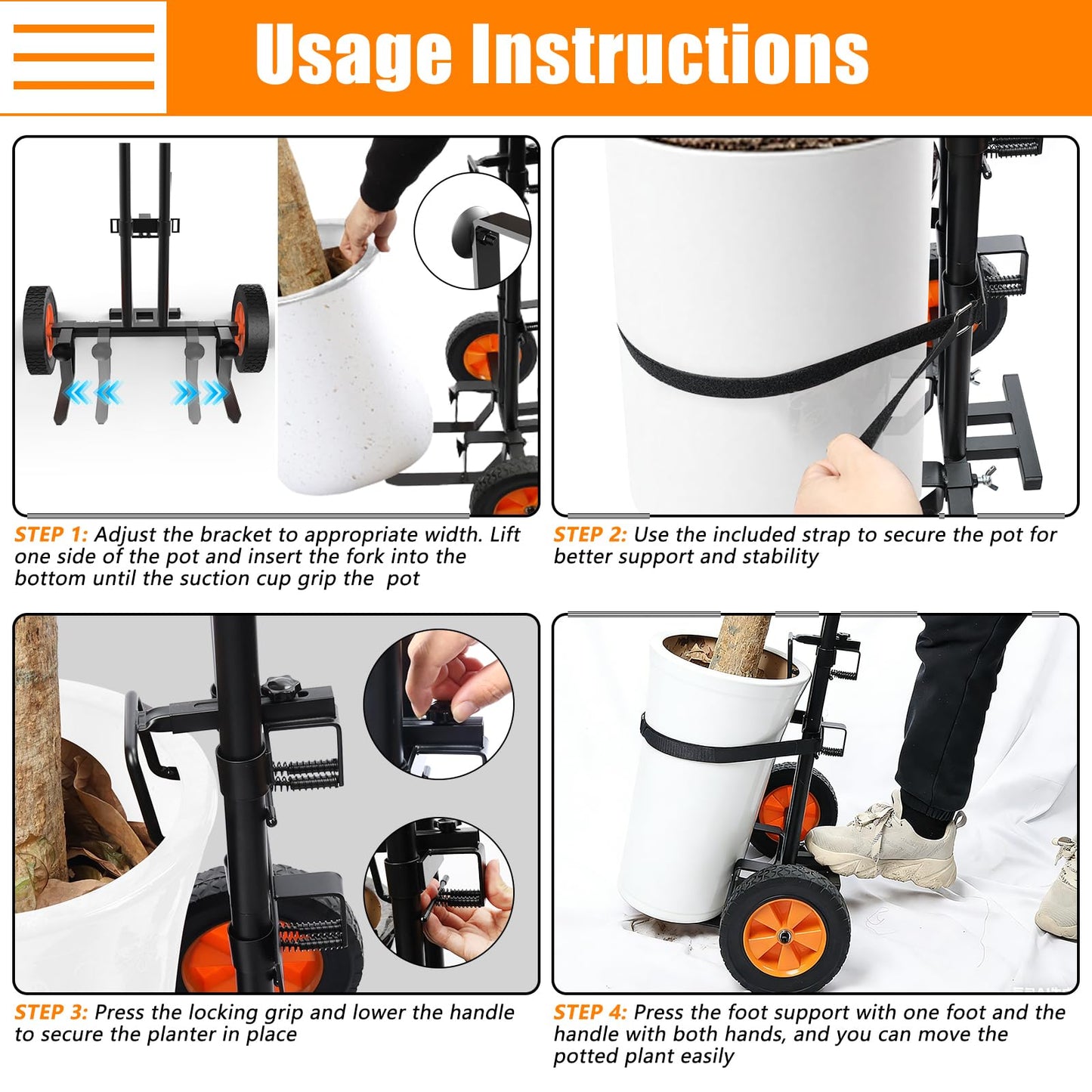 KJX Adjustable Plant Caddy with Wheels, Heavy Duty Plant Dolly Cart with Grab Arm and Strap Dual Protection, Garden Potted Plant Mover Dolly for Planter Flower Pots Indoor Outdoor