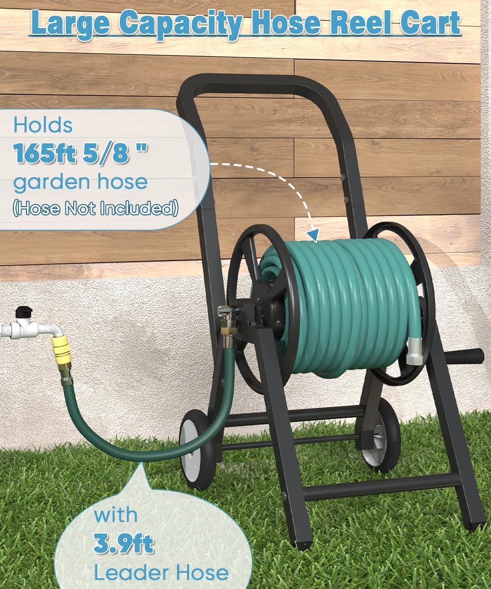 Artigarden Garden Hose Reel Cart with Wheels, Holds 165 ft of 5/8’’ Hose Outdoor Heavy Duty Powder-coated Steel Water Storage Holder Rack with 3.9 Ft Leader Hose for Outside Lawn Yard, Black