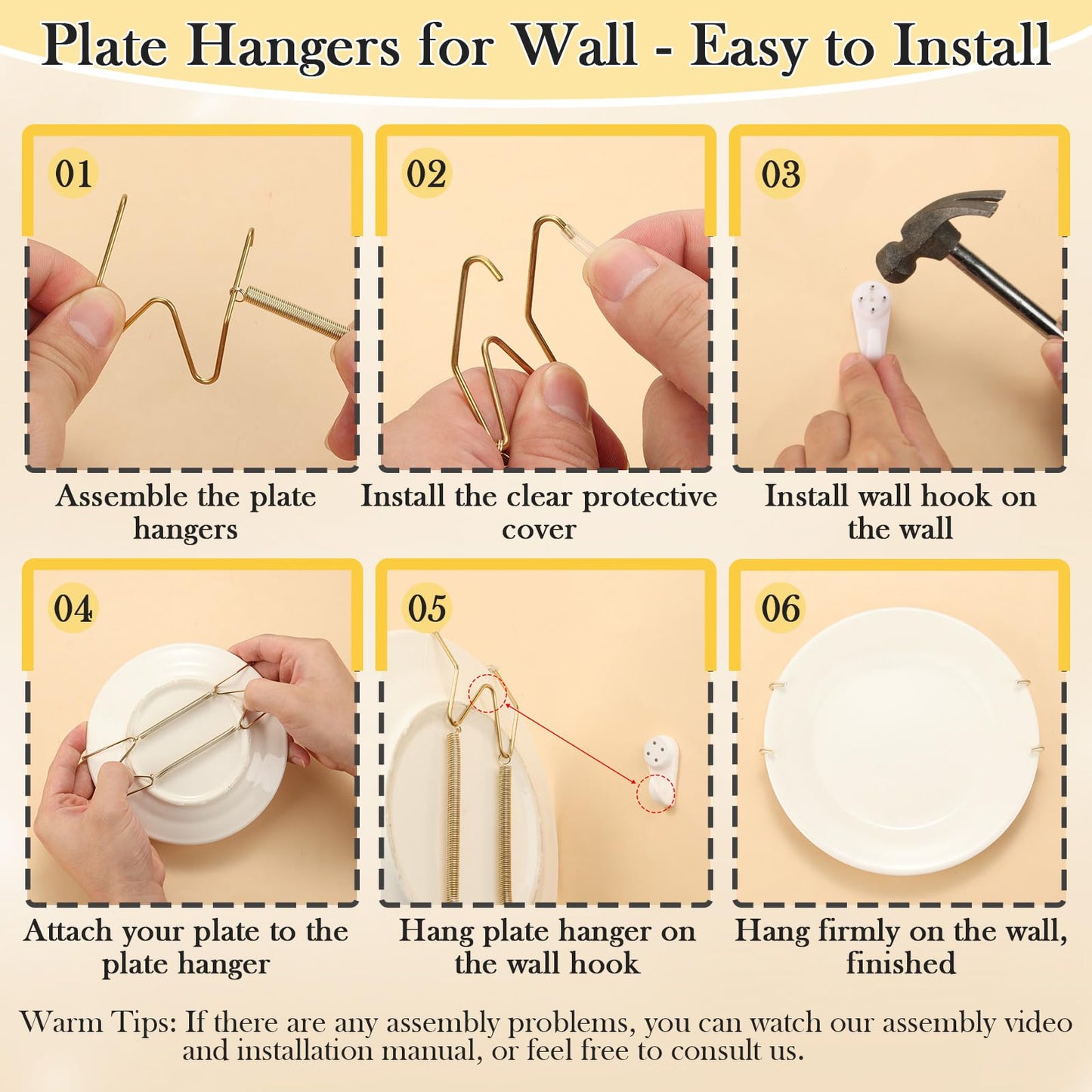 24 Pack Plate Hangers for Wall Display, 6/8/10/12 Inch Invisible Stainless Steel Plate Holders with Wall Hooks, Fit 5.5–12.5 Inch Decorative Plates, Plate Display Hangers for Home Wall Decor, Gold