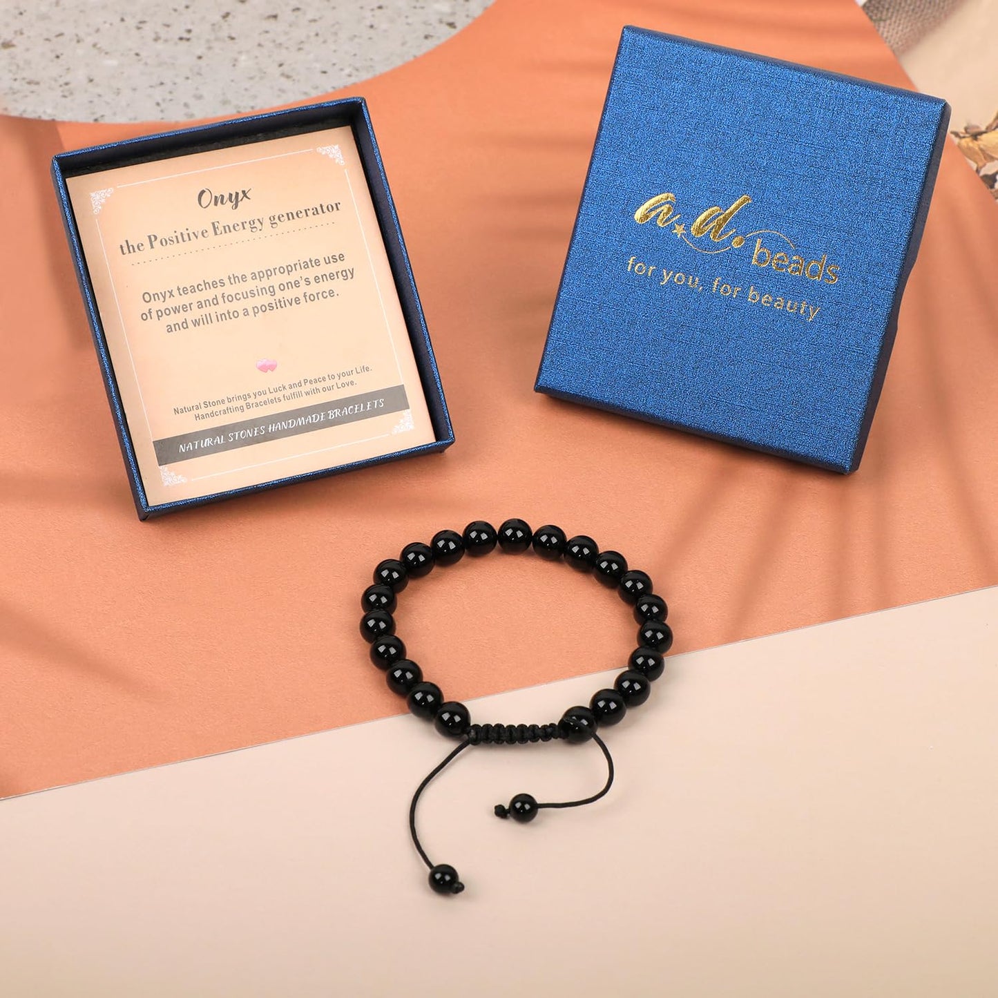 AD Beads 8mm Onyx Bracelet - Stone of the Positive Energy generator - Handmade Natural Stone Crystal Bracelet with Adjustable Macrame String - Yoga Healing Power Energy Gifts for Men and Women