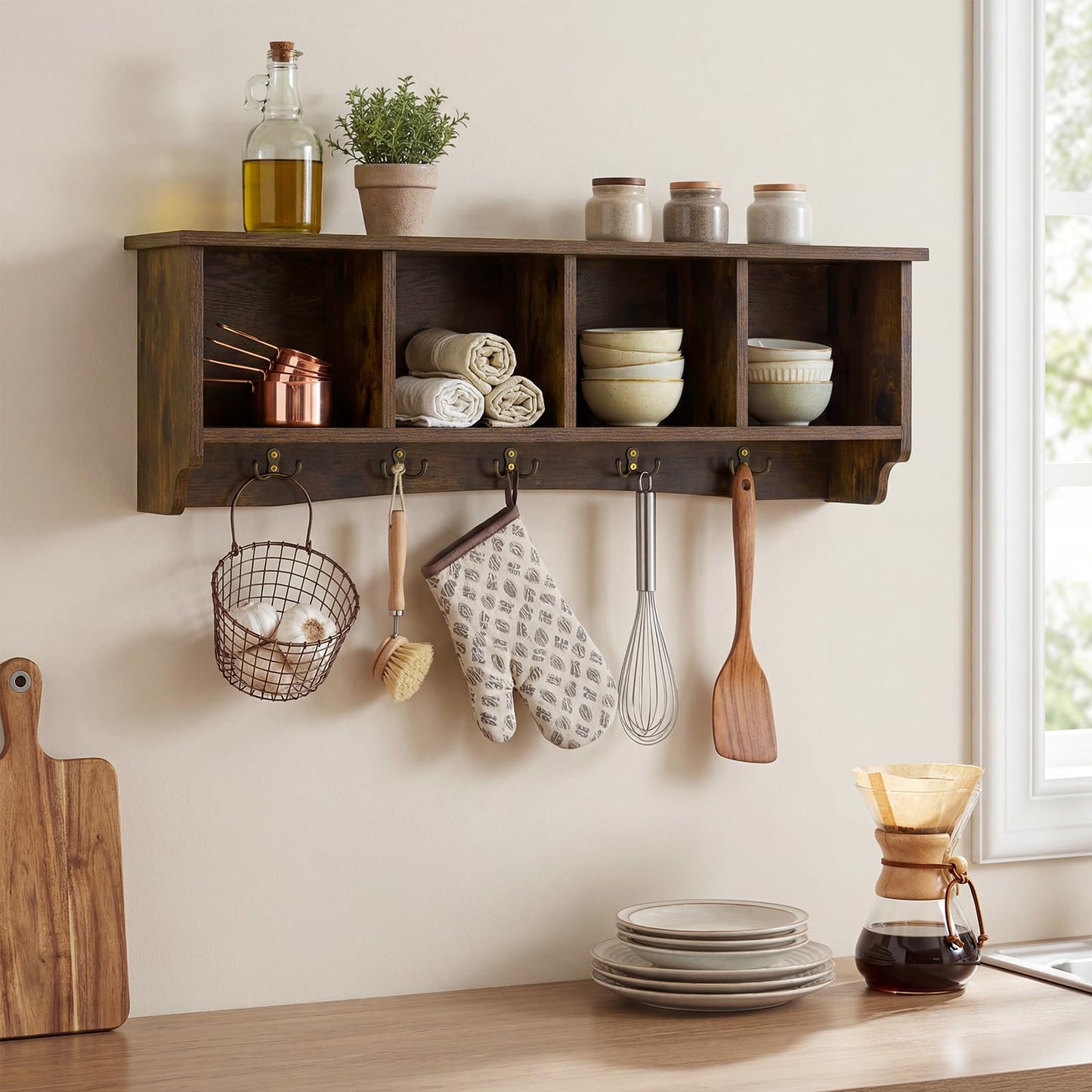 Giantex Wall Mounted Coat Rack, 28.5'' Wooden Floating Shelf with 4 Cubbies & 5 Double Hooks, Modern Space-Saving Storage Display Organizer for Entryway, Hallway, Mudroom (Rustic Brown)