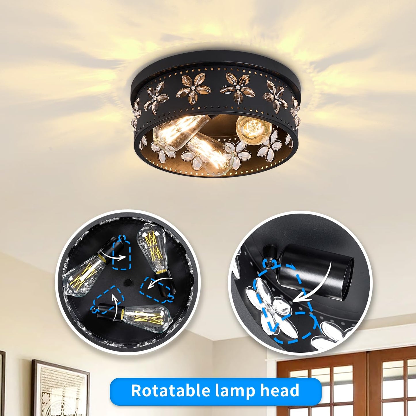 Glintawn 12.6 inch Black Flush Mount Ceiling Light Fixtures, 3-Light Ceiling Mount for Industrial, Crystal Light Fixtures for Farmhouse, Bedroom, Living Room, Kitchen, Hallway and Foyer (1 Pack)