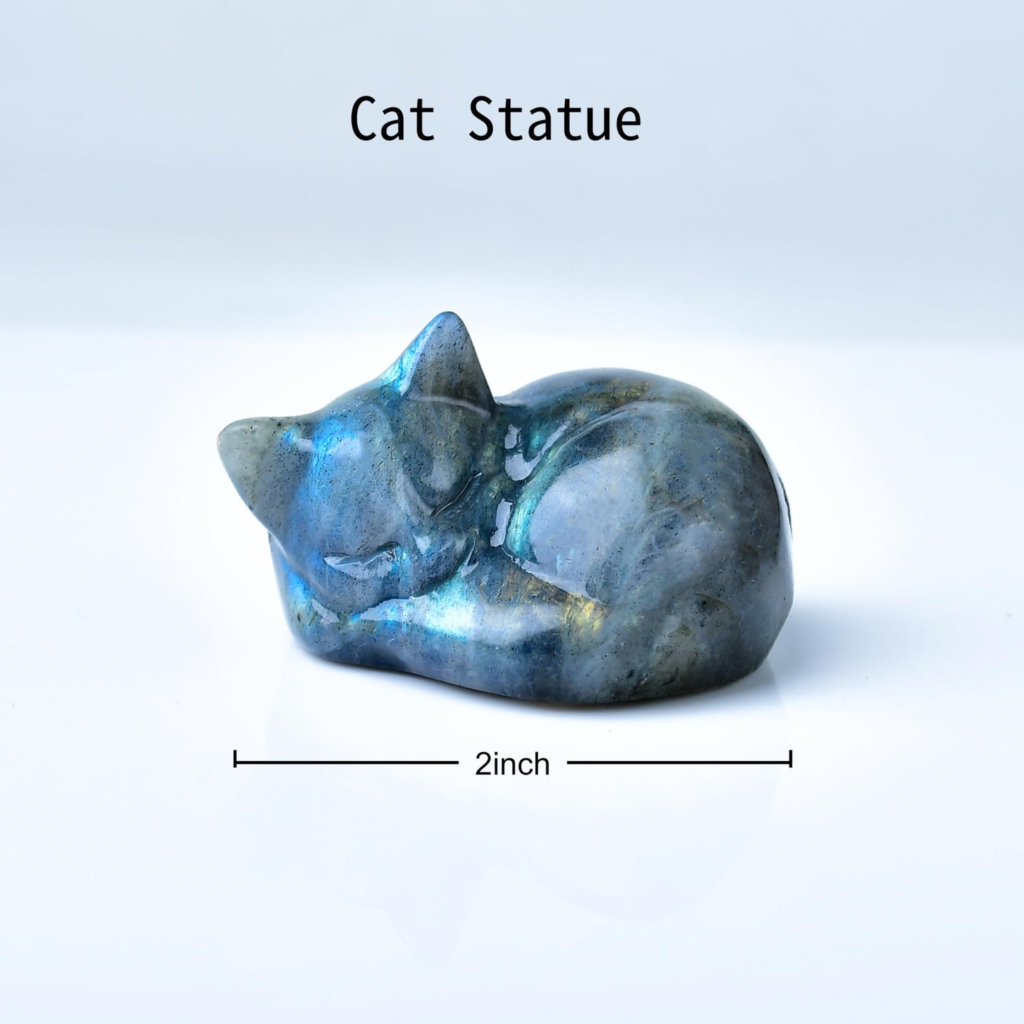 RUIJINGYUAN Labradorite Cat Statue - 2 Inch Hand Carved Healing Crystal Figurine, Sleeping Cat Stone Sculpture for Desk Decor, Office Home Gift for Cat Lovers