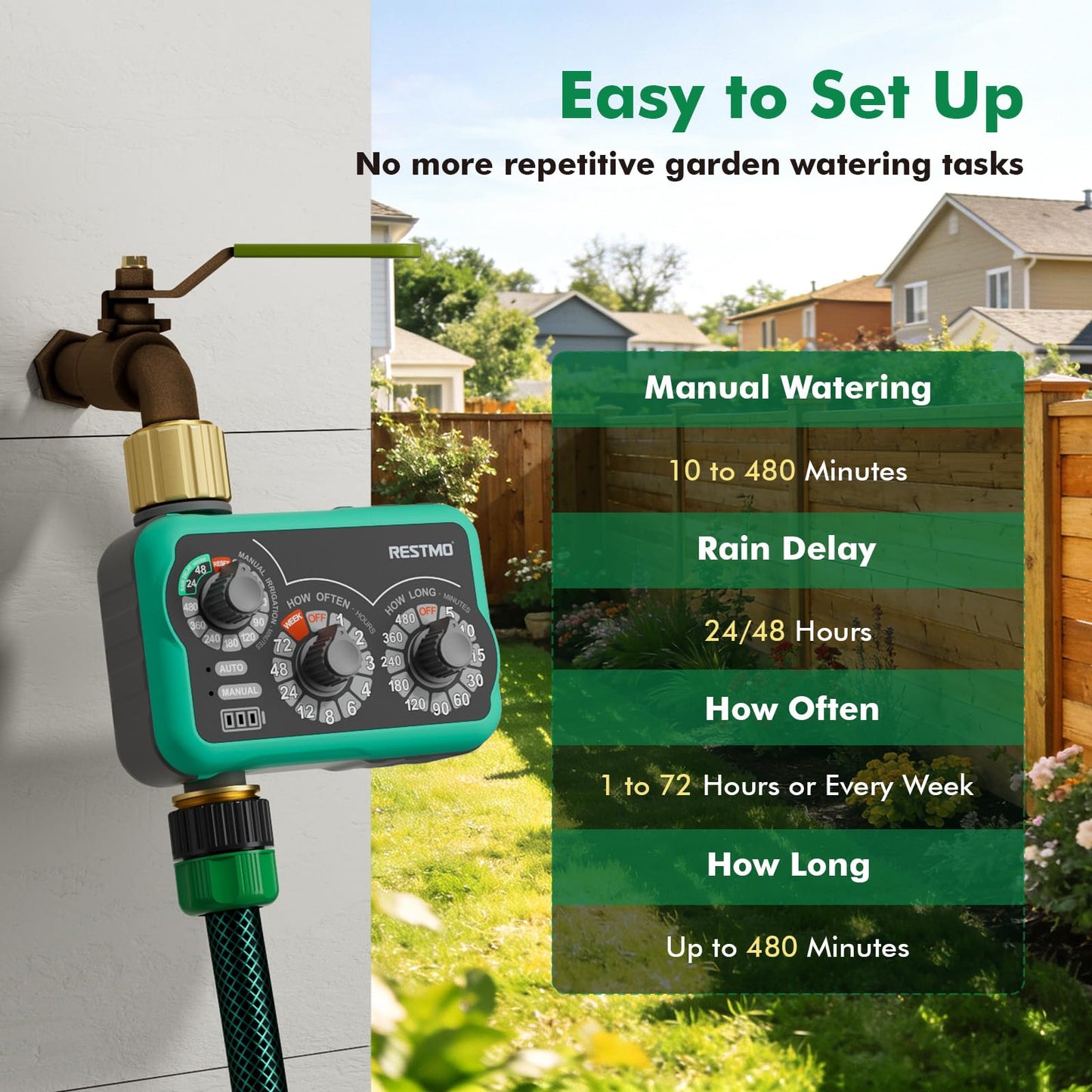 RESTMO 3-Dial Analog Sprinkler Timer with Brass Inlet & Outlet, Mechnical Water Timer for Garden Hose with Manual/Rain Delay, Automatic Drip Irrigation System, 480 Minutes Max Watering, Easy to Set Up