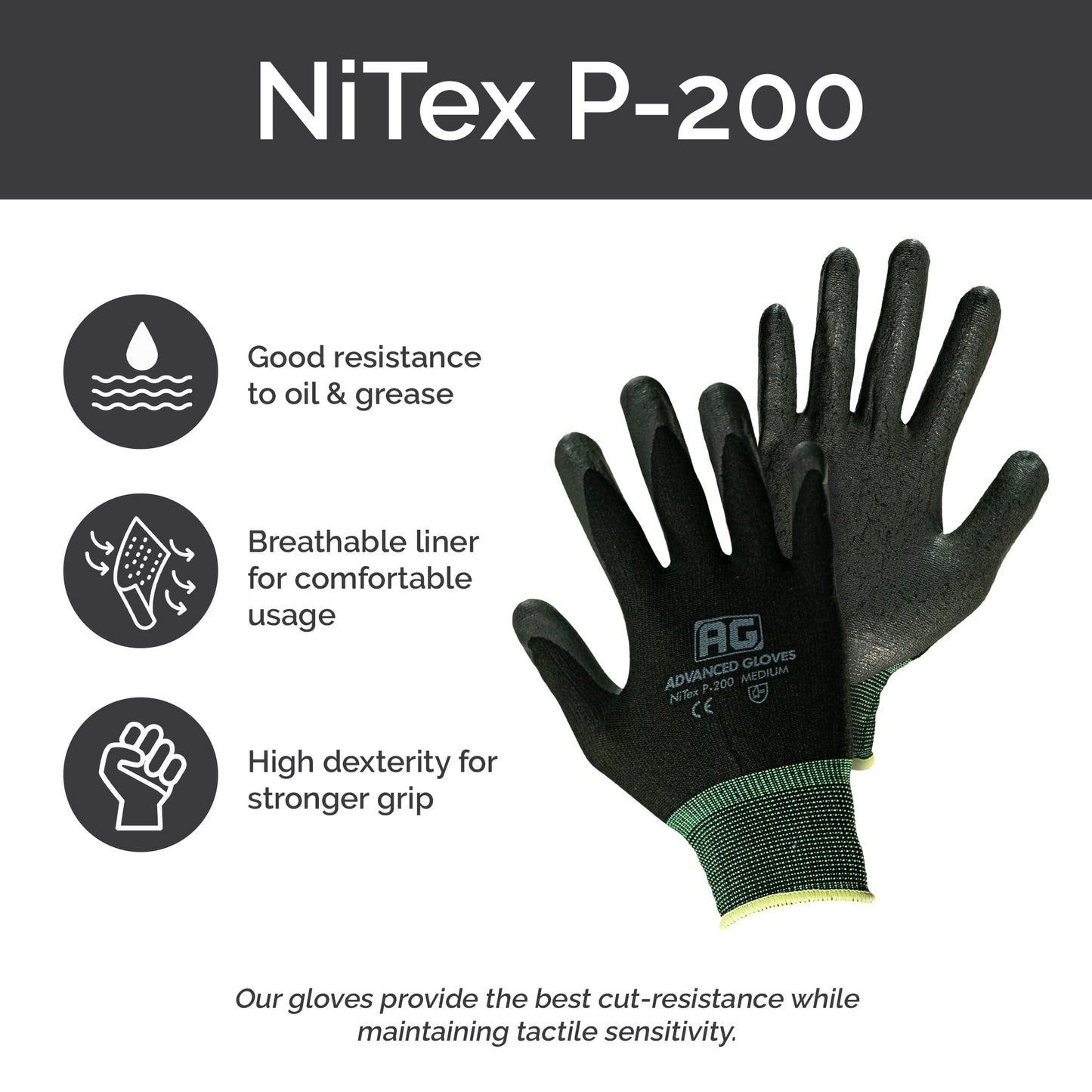 ADVANCED GLOVES – NiTex P-200 Nylon Nitrile Gloves, Breathable Nitrile Foam Coated Utility Gloves for Insulated Grip, Black, 6-Pair, Large