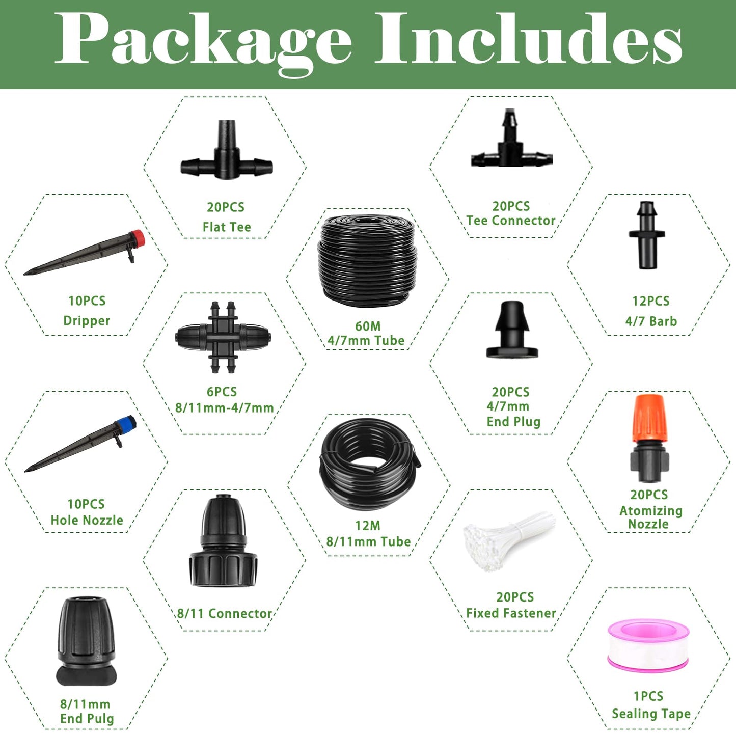 200FT+40FT Drip Irrigation System, Garden Watering System with 8/11mm Main Tubing 4/7mm Distribution Irrigation Tubing and Accessories, Irrigation System for Garden, Greenhouse, Yard, Lawn, Plant