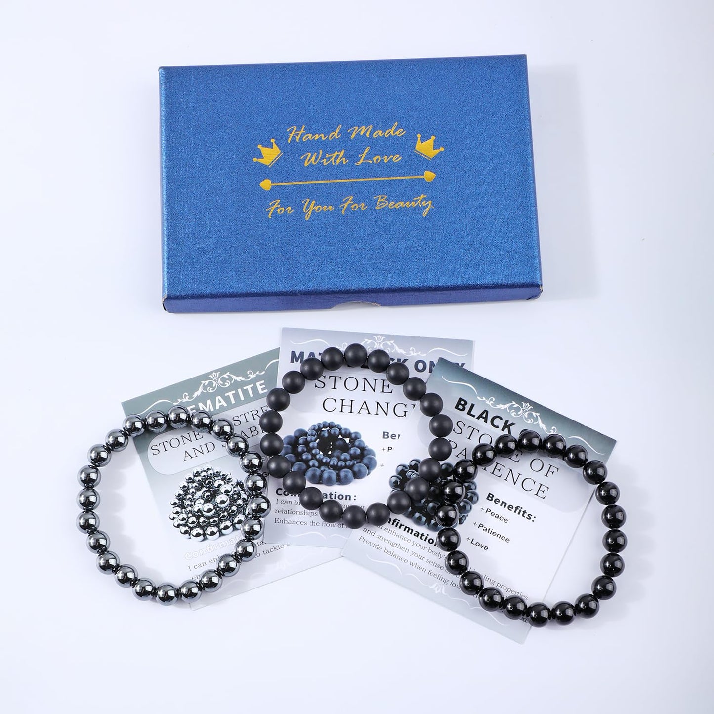 NCB 3-Piece 8mm Natural Crystal Gemstone Stretch Bracelets – ﻿Black Onyx, Hematite, Matte Black Agate Handmade Reiki Energy Healing Jewelry for Meditation,Yoga, Unisex