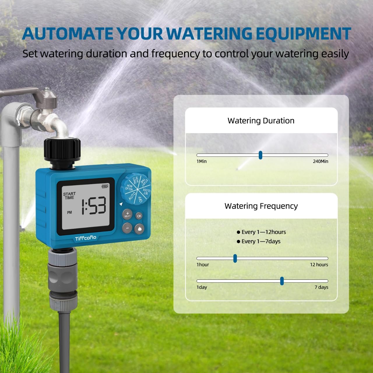 TiFFCOFiO Sprinkler Timer Outdoor, Digital Pogrammable for Garden Hose, Irrigrtion Timer with Rain Delay and Manual Mode (2 Packs)