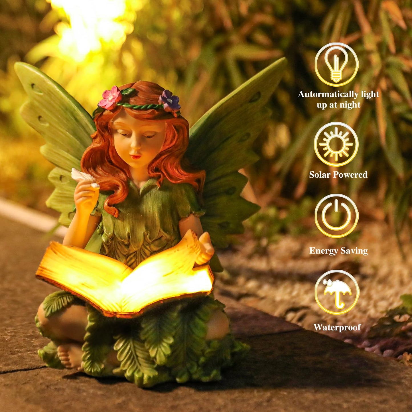 Afirst Solar Garden Fairy Statue, Green Fairy Solar Light Outdoor Resin Statues Figurine Light, Angel Reading Book Sculpture Solar Light for Outside Patio Garden Yard Lawn Decor