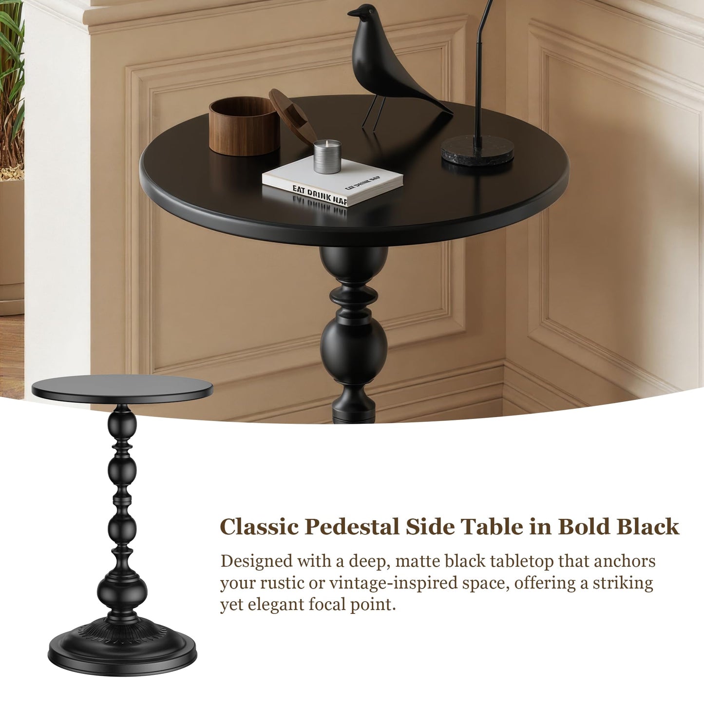 NTSJJTSS Side Table - Small Round Metal Accent Table for Living Room, Bedroom, Office - Modern Matte Black Pedestal Coffee Table for Small Spaces - 21" Height, Compact Drink Table for Sofa, Corners