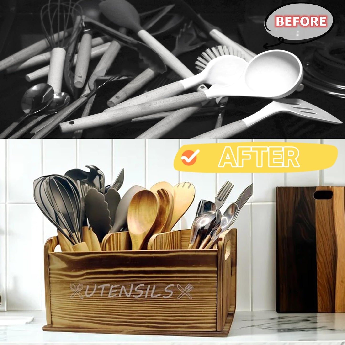 ST-BEST-P Utensil Holder Rustic Wood White Large Farmhouse Spatula Organizer for Kitchen counter Farmhouse,Countertop,Cooking Tools Storage (Wood)