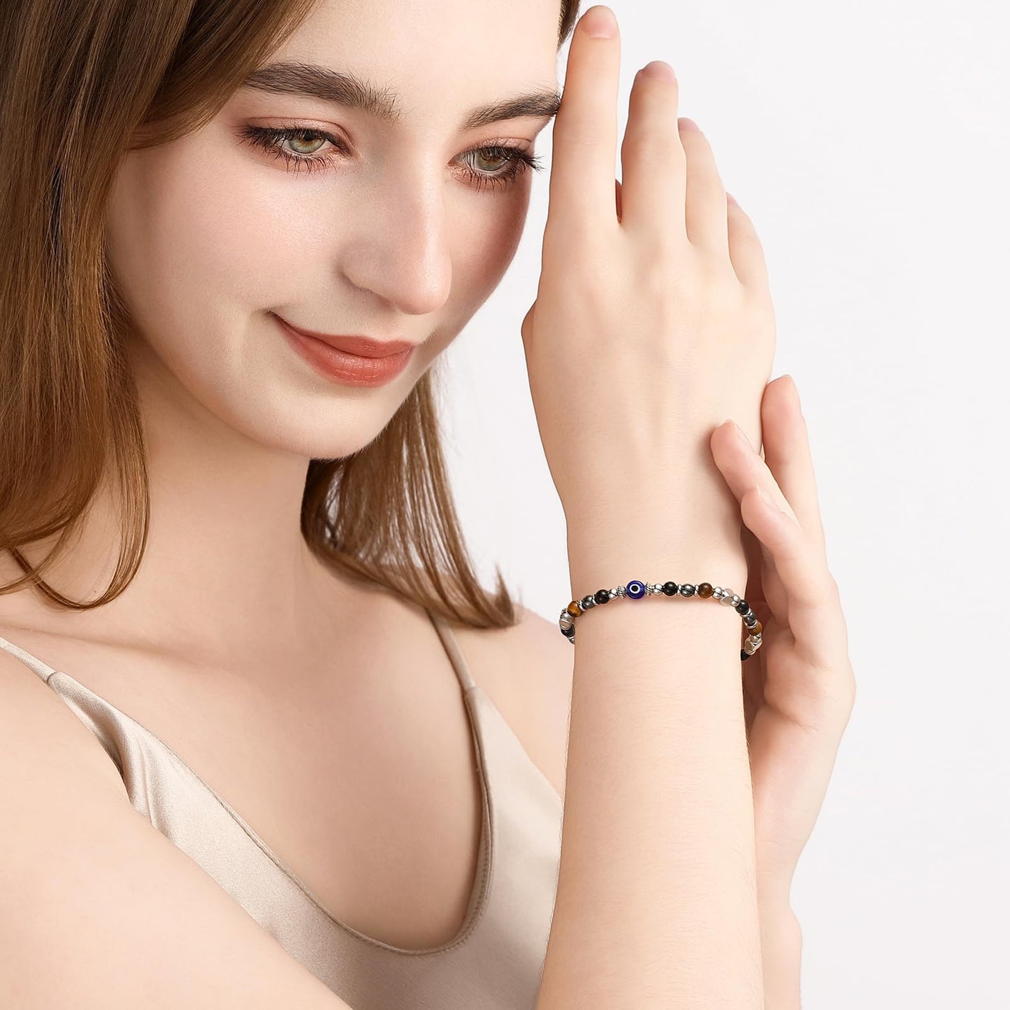 MTJAHPS Protection Bracelet, empath protection, black obsidian Crystals and Healing Stones Bracelet for Women ，Luck ，Anxiety and Stress Clam Bracelet (Evil Eye Triple Threat Protection)