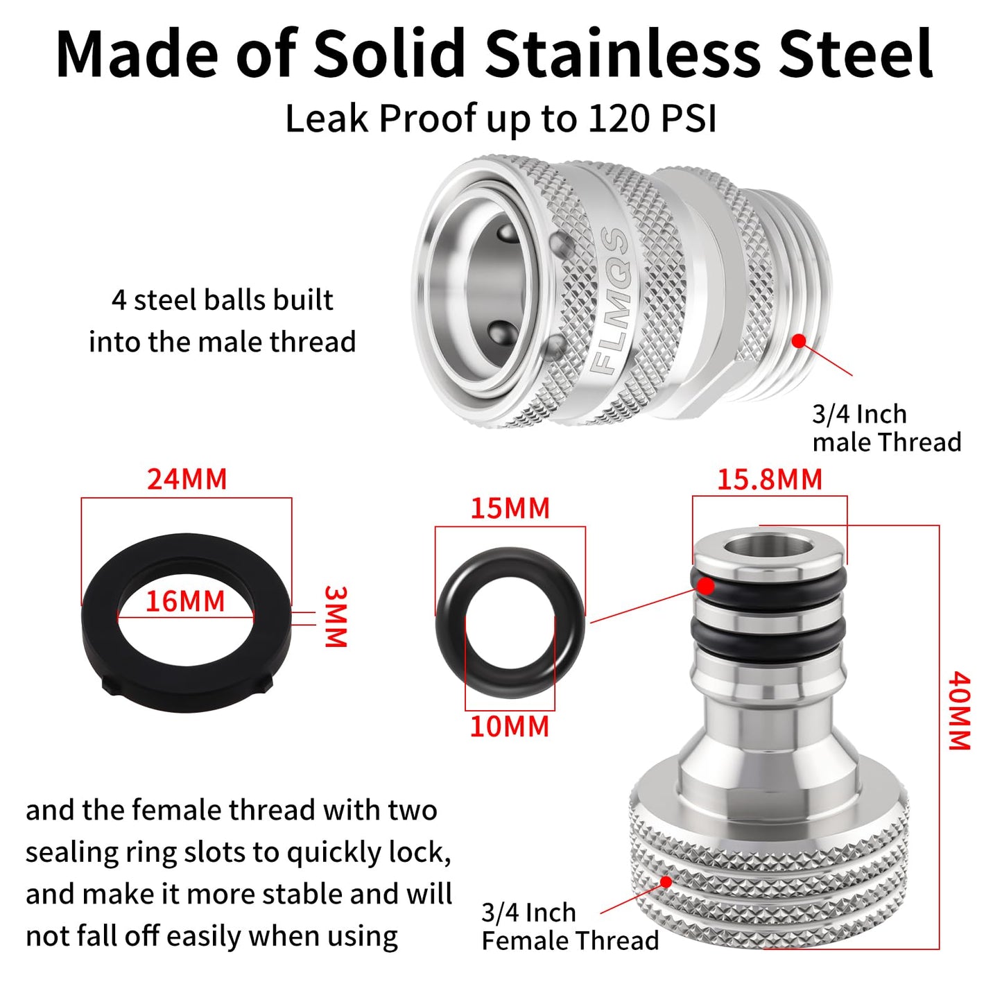 FLMQS Garden Hose Quick Connector - 3/4" GHT Solid Stainless Steel Water Hose Quick Connect, Leak-Proof Male & Female Fittings(3 Set)
