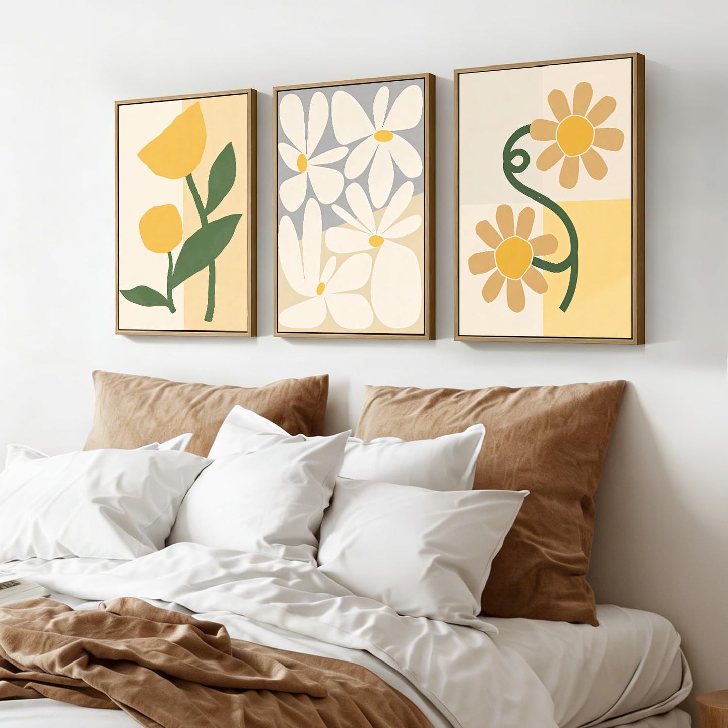 3Pcs Large Framed Botanical Canvas Wall Art, Modern Neutral Plant Abstract Canvas Prints, Minimalist Nature Wall Decor, Large Wall Art for Living Room Bedroom Office Farmhouse Decor 16 * 24in