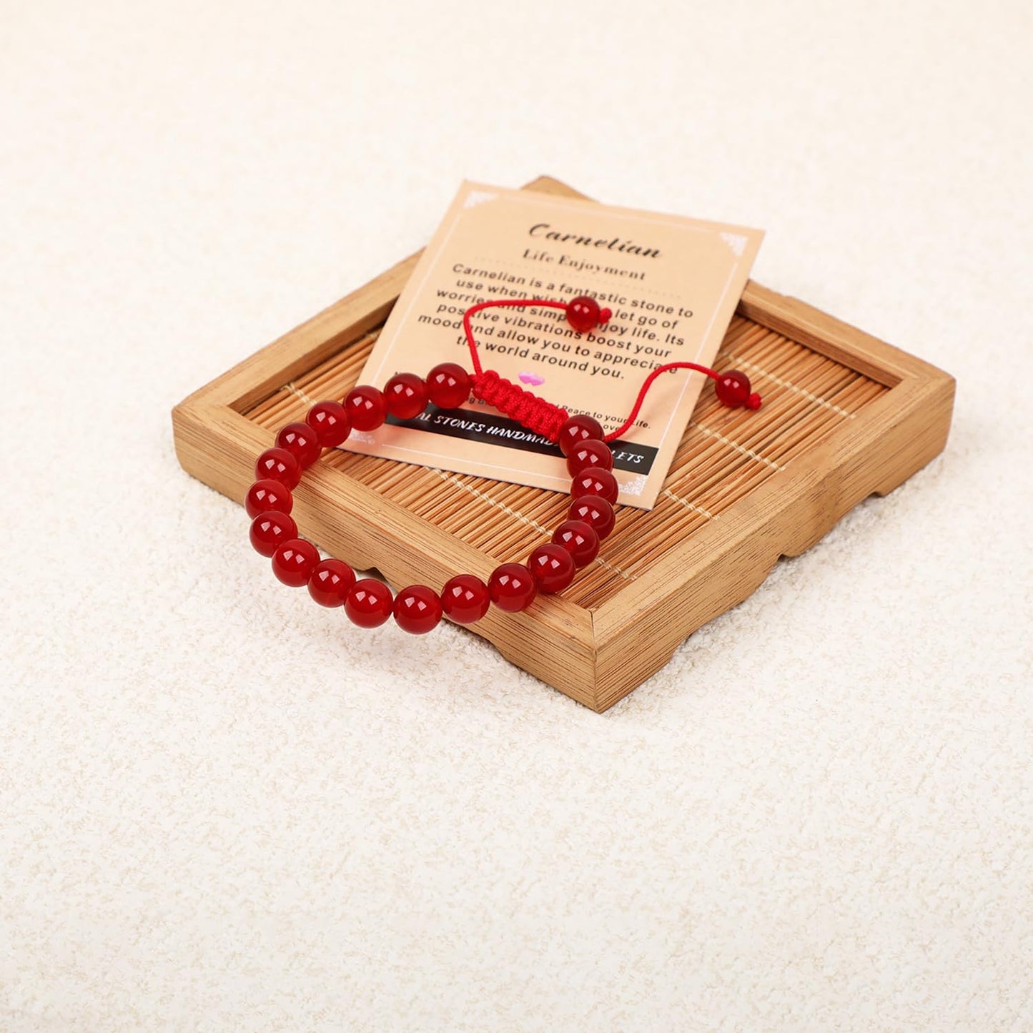 AD Beads 8mm Carnelian Bracelet - Stone of Life Enjoyment - Handmade Natural Stone Crystal Bracelet with Adjustable Macrame String - Yoga Healing Power Energy Gifts for Men and Women