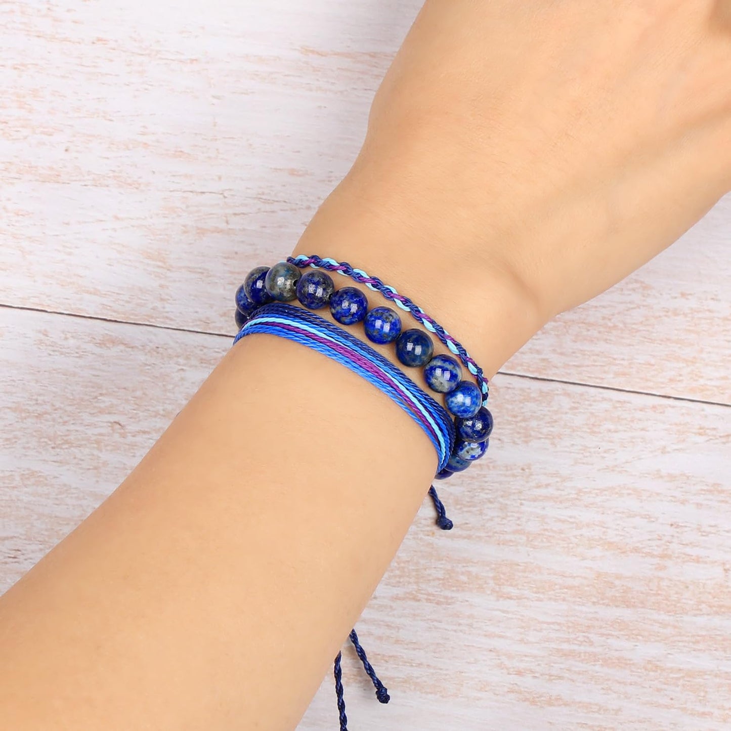 QOGIR Handmade Healing Bracelets for Women,8mm Natural Lapis Lazuli Gem Stone Beads Bracelet,for Men Women Gifts with 2PCS Size Adjustable Rope Bracelets