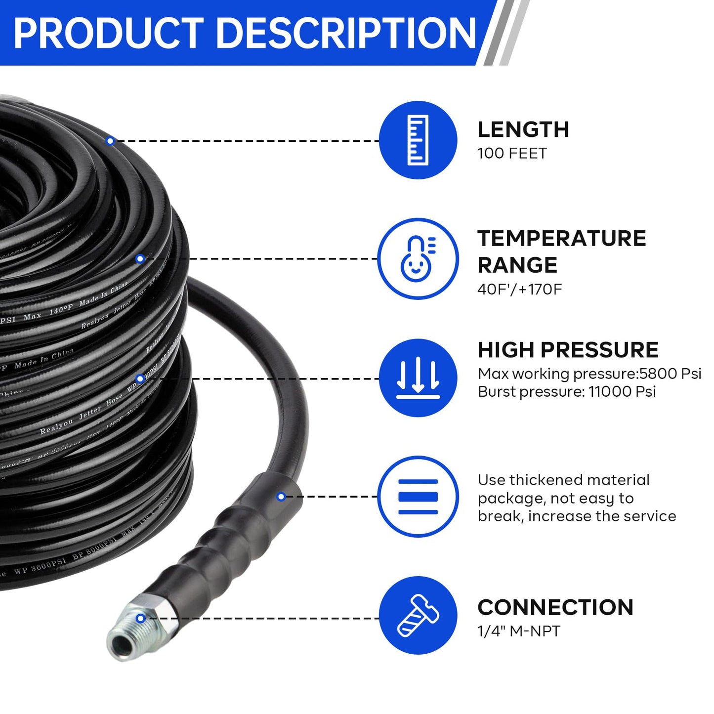 Sewer Jetter Kit 100FT for Pressure Washer, Pressure Washer Drain Jetter with 5800PSI Cleaner Hose 1/4 Inch NPT, Corner, Rotating & Button Nose Sewer Jetting Nozzle Spanner Waterproof Tape Pearl Pin