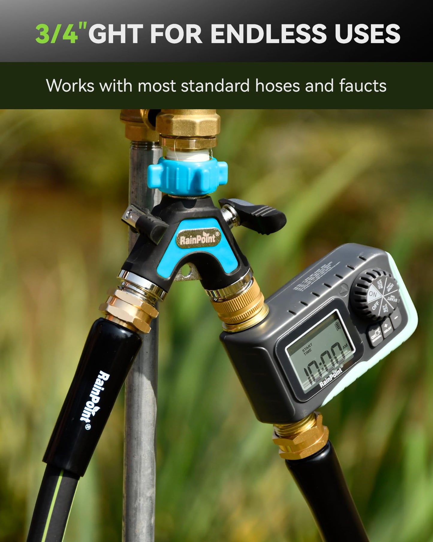 RAINPOINT Garden Hose Splitter 2 Way, All Metal Heavy Duty Water Hose Y Splitter With 2.05" Extra Long Side Handle & Shut Off Valves, 3/4 Inch GHT Thread Connector For Outdoor Spigot Faucet (Blue)