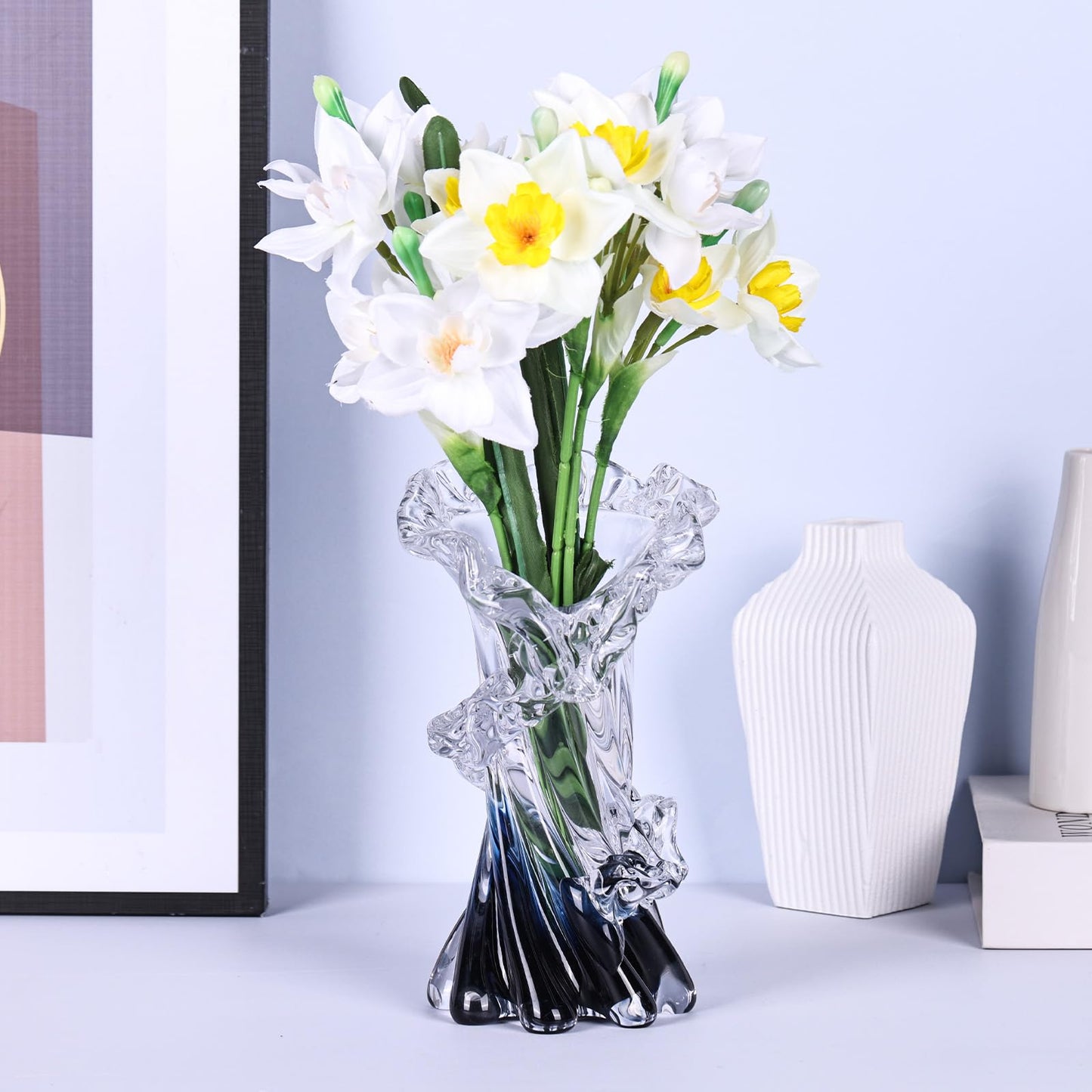 oliruim Hand Blown Blue Glass Vase, Unique Art Beautiful Ocean Glass Vase for Home Centerpiece, Coffee Table, Living Room, Office Decor - 8" H
