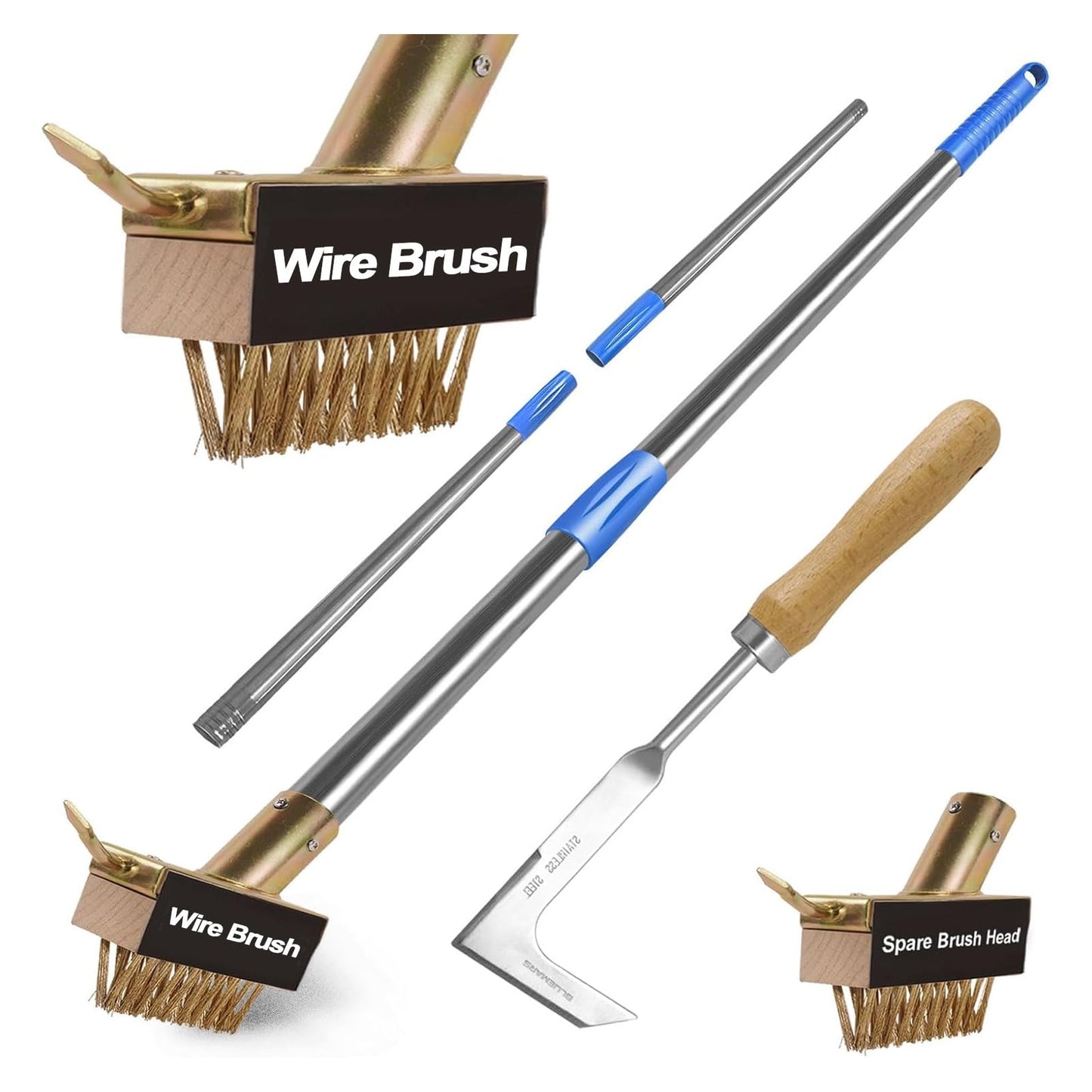 Patio Weed Brush w/Extra Heads and Hand Garden Weeder, Gardening Tool Set, Extended Handle Wire Brush for Block Paving, Removing Weeds and Moss