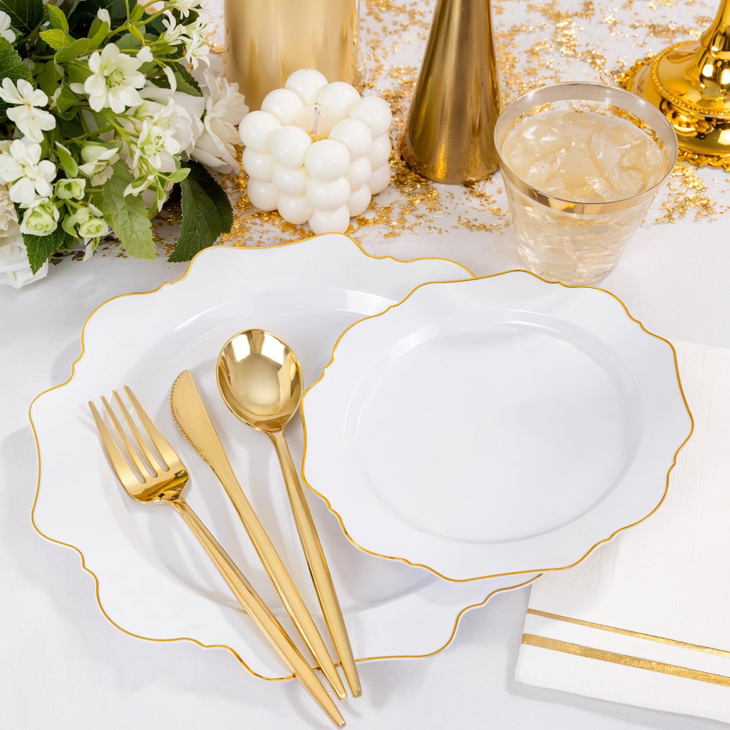 WDF 175Pcs Gold Plates Disposable - White and Gold Plastic Plates 25guest Plastic Dinnerware Ideal for Party/Wedding/First Communion/Spring/Mother's Day