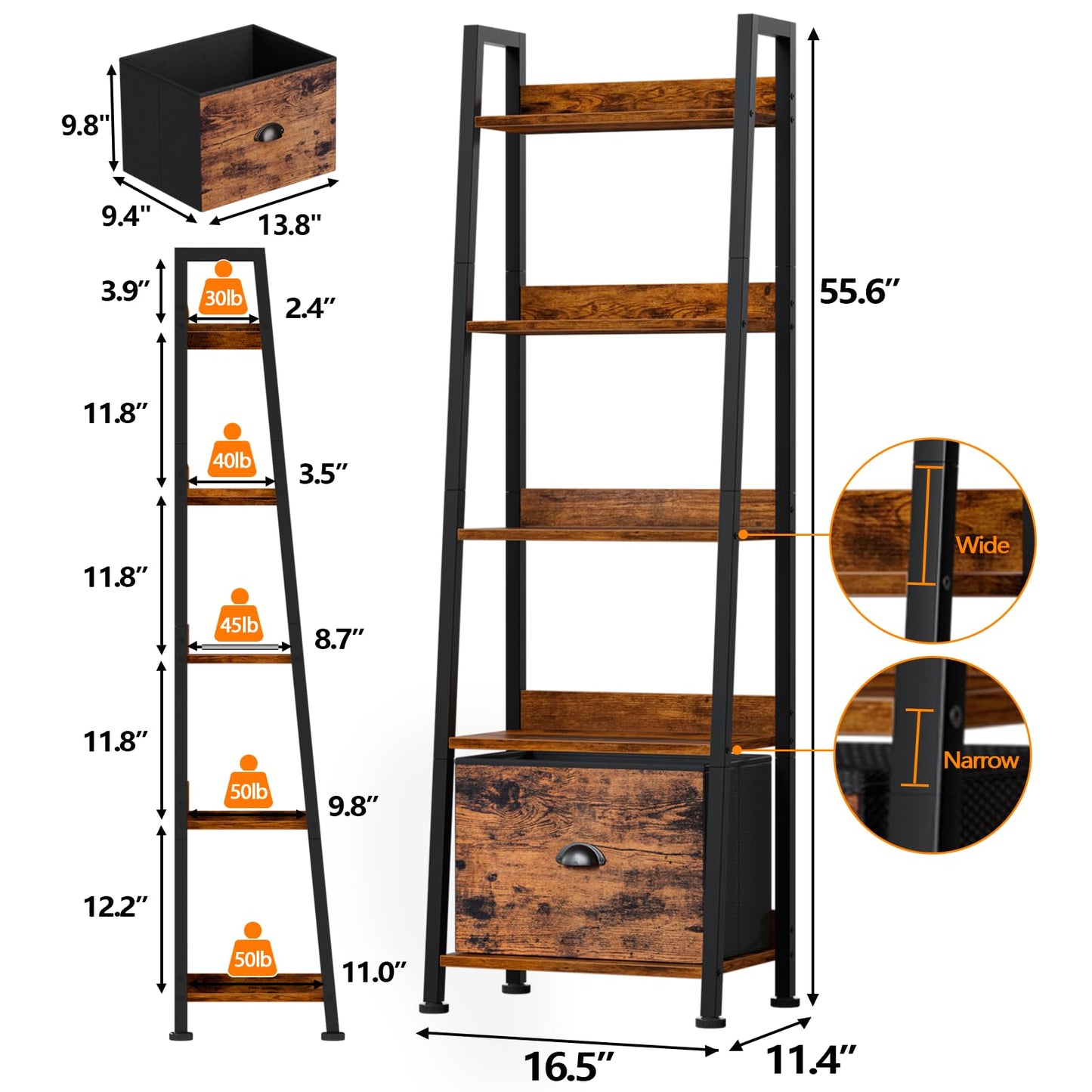 Furologee 5-Tier Ladder Shelf, Ladder Bookshelf with Removable Drawer, Rustic Bookcase Storage Rack Organizer, Wood Metal Freestanding Storage Shelf for Living Room, Home Office, Bedroom, Balcony