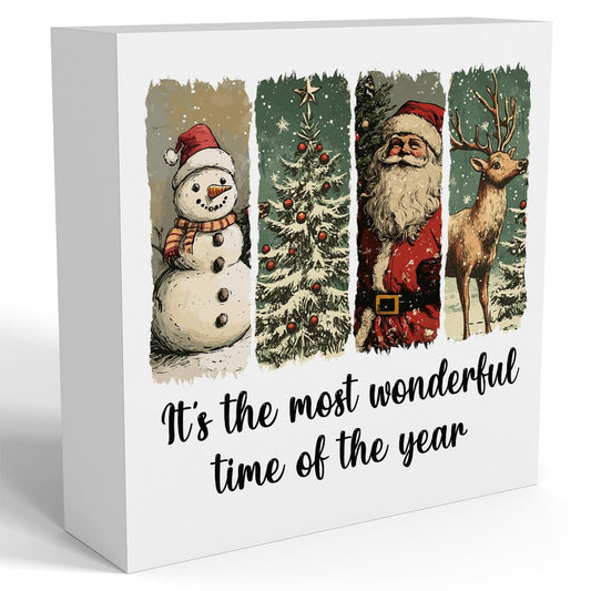 Vintage Christmas Decor, Christmas Decorations Indoor, Santa Claus Snowman Xmas Tree Reindeer Sign Gift for Women Friends, Rustic Wooden Box Sign for Home Office Bedroom Desk Decor 5x5 Inches