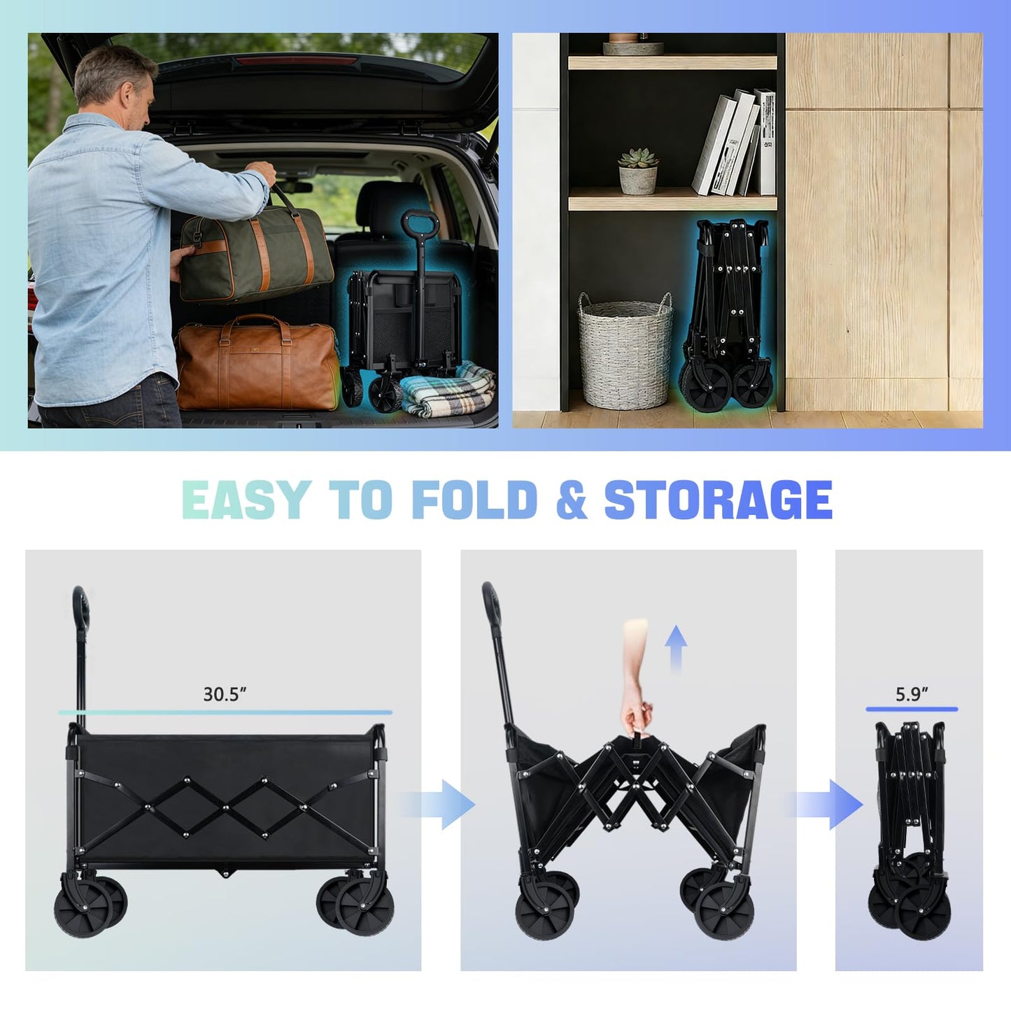 360LBS Collapsible Wagon Cart with Wheels - Heavy Duty Folding Wagon Carts for Grocery, Lightweight Utility Wagon with All-Terrain Wheels & 2 Cup Holders, Portable Beach Wagon for Shopping Garden