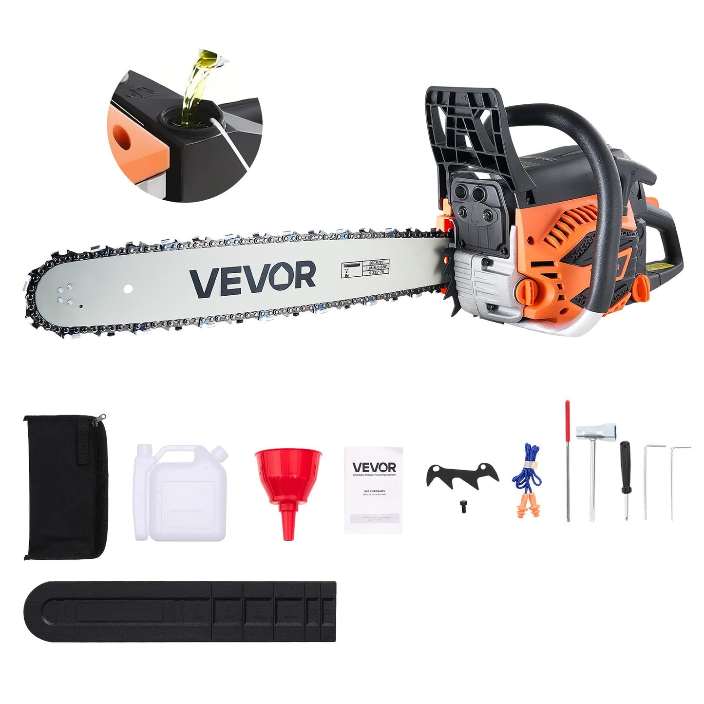 VEVOR 20inch 62CC Gas Powered Chainsaw, 3.8 HP 2 Stroke Engine Gas Power Chainsaws with Non-Slip Handle, Gas Chainsaws with Dual Fuel Tanks, For Wood Cutting, Tree Trimming, and Land Clearing