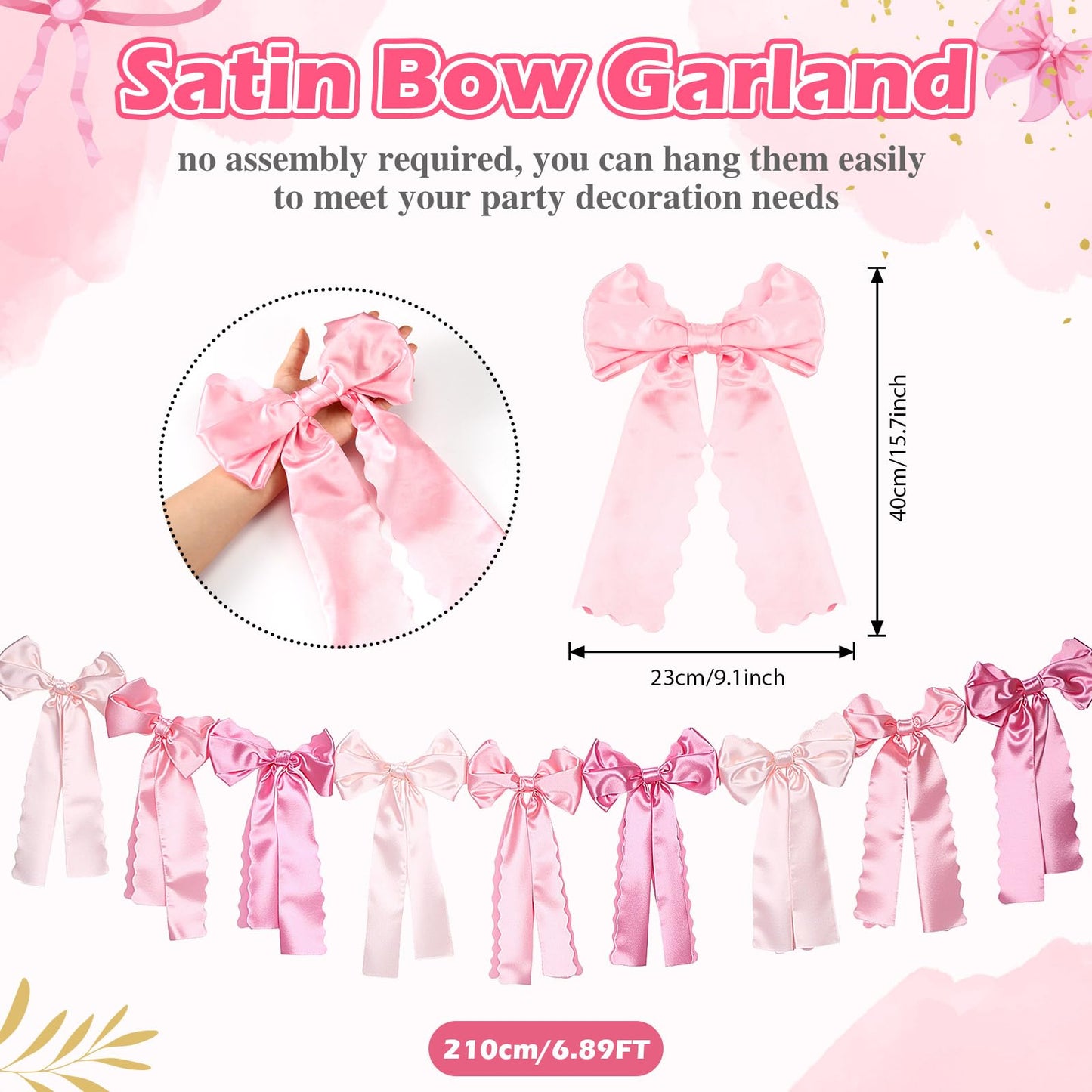 VitalCozy Pink Bow Garland Decor for Coquette Party Decorations, Pre-Strung Pink Satin Ribbon Birthday Party Garland Bow Banner for Valentine Bridal Shower Bachelorette Wedding Birthday Engagement