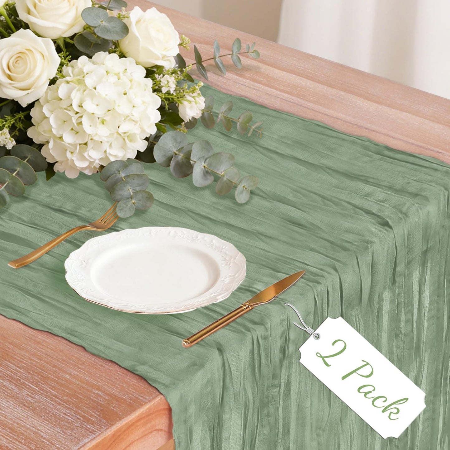 2 Pack Sage Green Cheesecloth Table Runner, 10Ft Boho Gauze Cheese Cloth Table Runners for Wedding, Party, Dinner, Baby Shower, 120 Inches Long Table Runner for St. Patrick's Day, Easter, Christmas