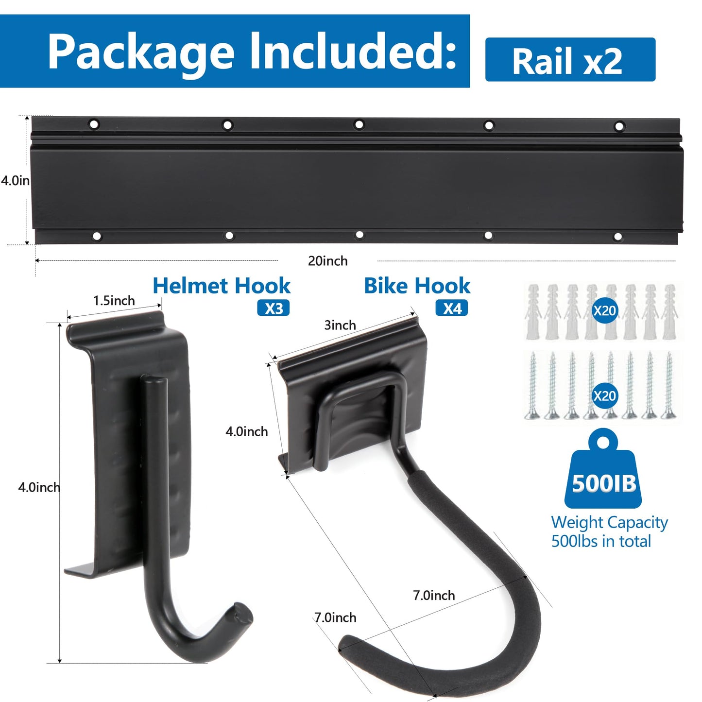 Sinoer Bike Storage Rack,Bike Storage Hanger, 4 Bikes + 3 Helmets Heavy Duty Bike Storage Vertical Bike Rack Holds up to 66lbs, 20 inches / 511mm -2 Rails