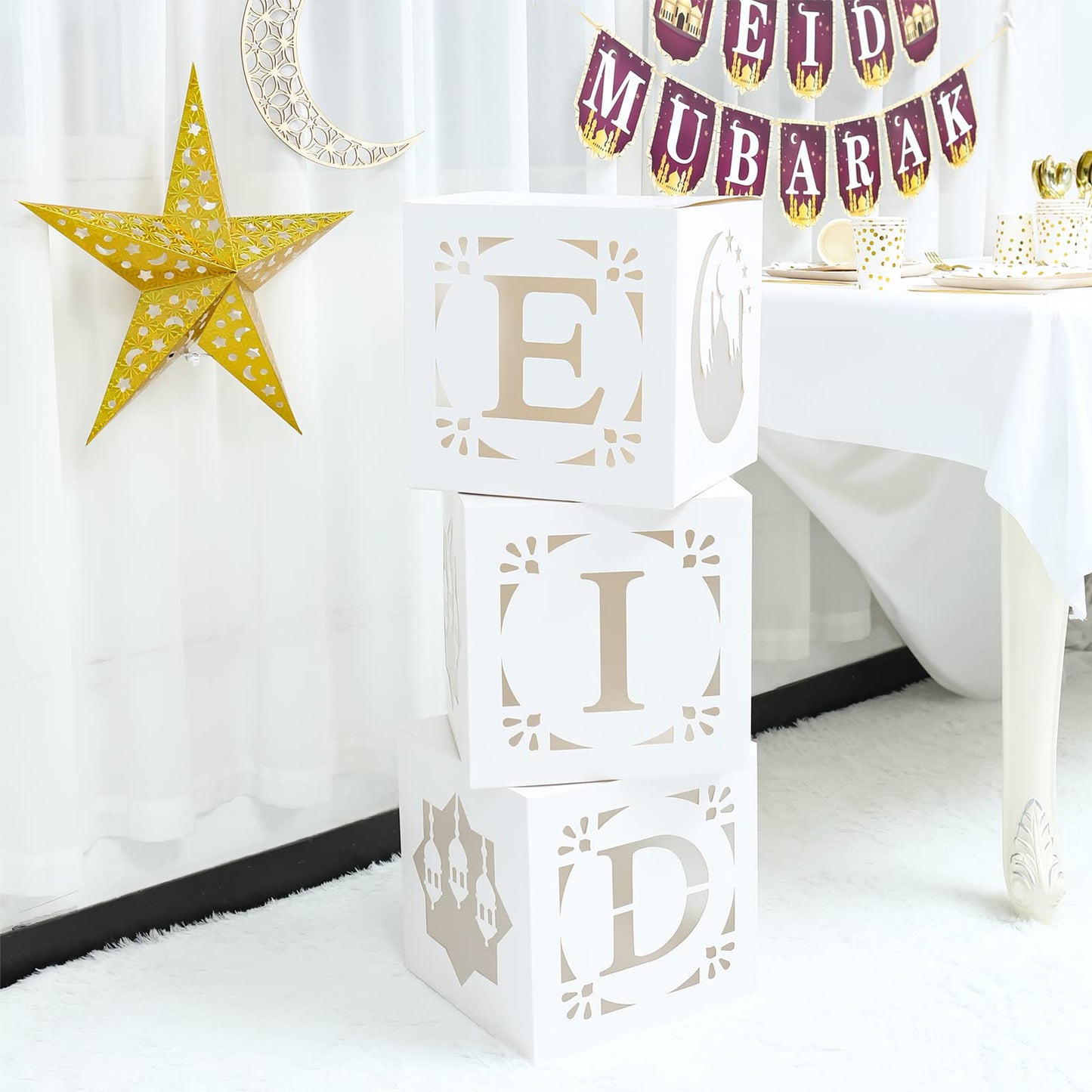 Eid Decoration Boxes with Light - 3pcs White Hollow-Out Paper Boxes with Warm Light String, Cultural Elements Box for Eid al-Fitr Decor al-Adha Festival Ramadan Mubarak Muslim Islamic Supplies