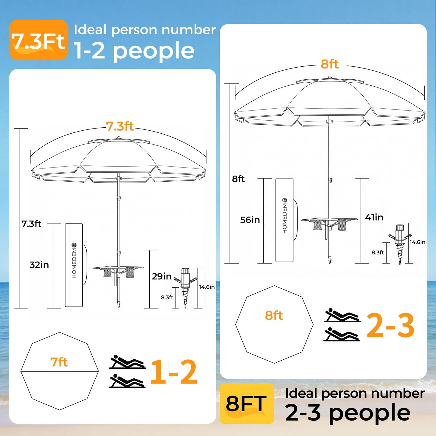HOMEDEMO 7FT Beach Umbrella with Curtain, Beach Umbrella for Sand with Large Spiral Sand Anchor & Carry Bag, Heavy Duty Windproof Outdoor Umbrellas, UPF 50+ Protection, Parasol, Navy Blue Stripe