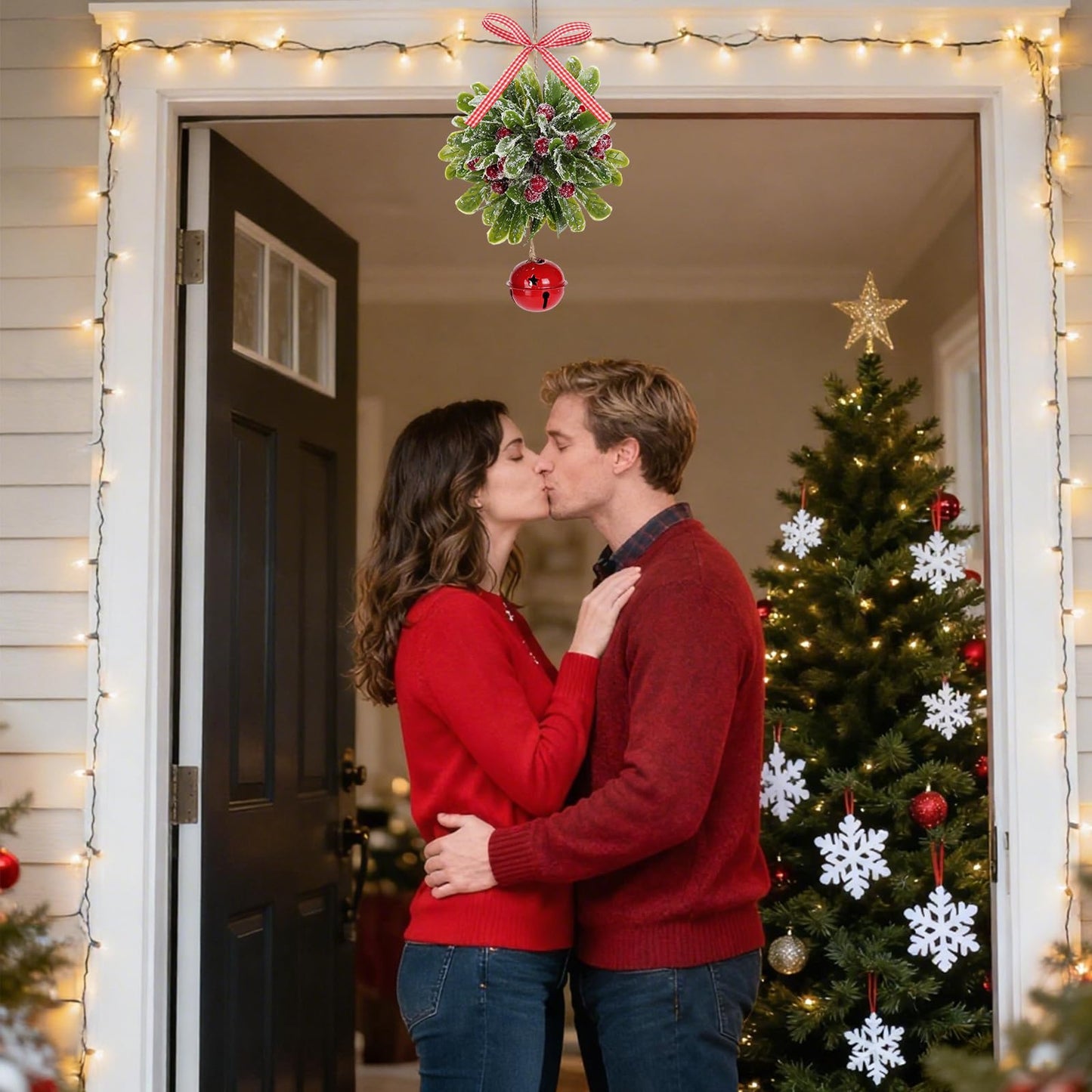 Forwe Mistletoe Christmas Decor Artificial Mistletoe Kissing Ball Ornament with Bell Bow Berries Hanging Christmas Decorations for Doorway Arch Light Fixture Xmas Tree (Red)