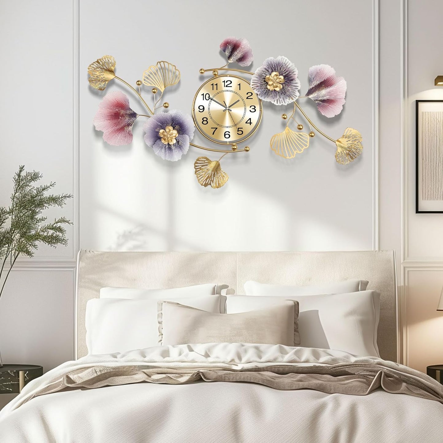Axioglo Wall Clocks for Living Room Decor,Large Wall Clock,3D Creative Metal Ginkgo Leaf Design,with Silent Movement Wall Clocks for Home Wall Decor Clock（33"x18"）