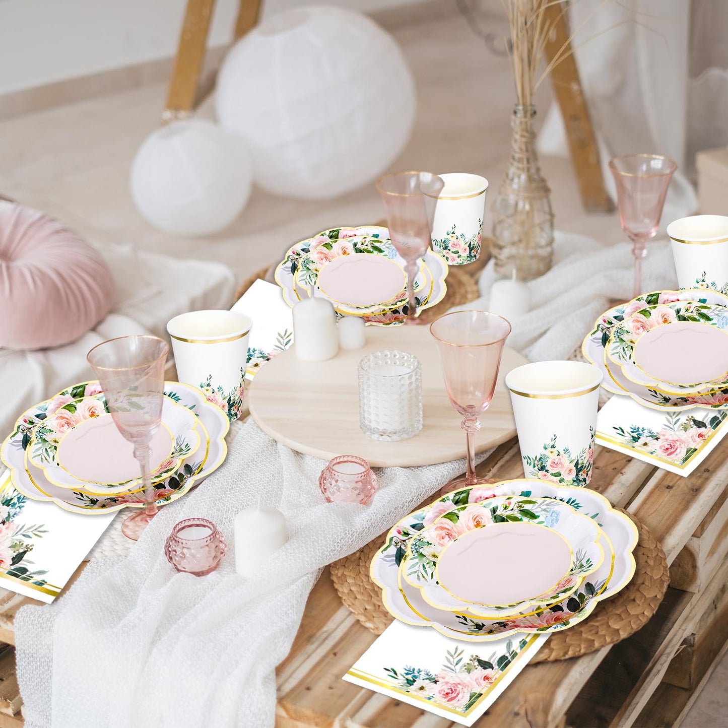 Whaline 100Pcs Pink Floral Paper Tableware Set Spring Flower Gold Foil Disposable Dinnerware Scalloped Plates Napkins and Cups for Wedding Birthday Baby Bridal Shower Party Supplies Table Decor