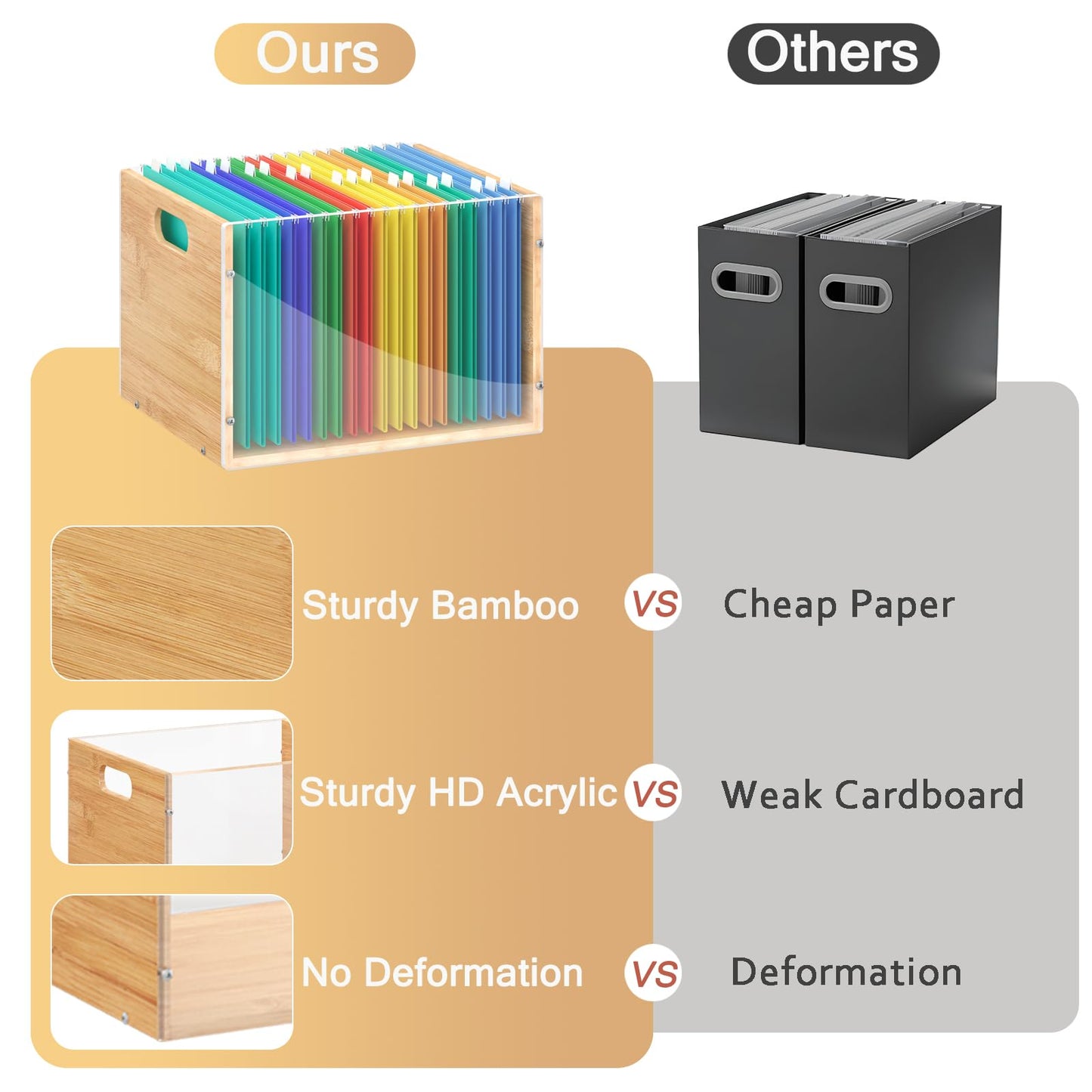 Sbanmao Clear Acrylic File Box Organizer, Bamboo Hanging Folder Storage Boxes, Filing Crate Bin Holder with Handle for Home Office Desk, Letter Size