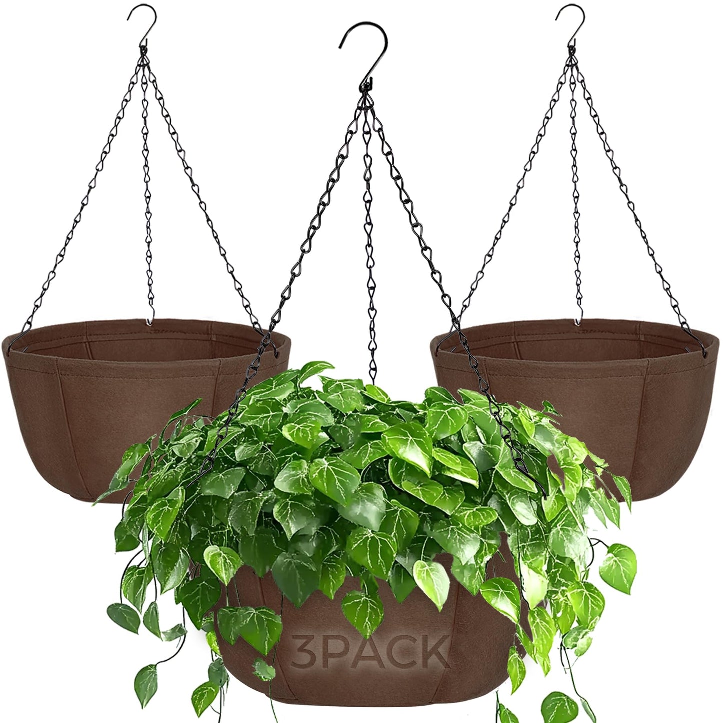 T4U Hanging Planters for Outdoor Plants, 3 Pack 10 Inch Hanging Baskets for Plants Outdoor with Rustproof Chain, Fabric Hanging Pots for Plants, Hanging Planter for Balcony Porch Deco, Brown