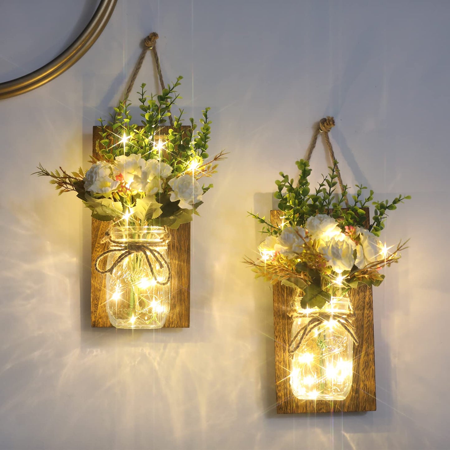 Lightess Wall Decor Mason Jar Sconces with Remote Control, Rustic Home Decor LED Fairy Lights with White Rose, Farmhouse Wall Decorations Lights Set of Two for Dining Room Living Room