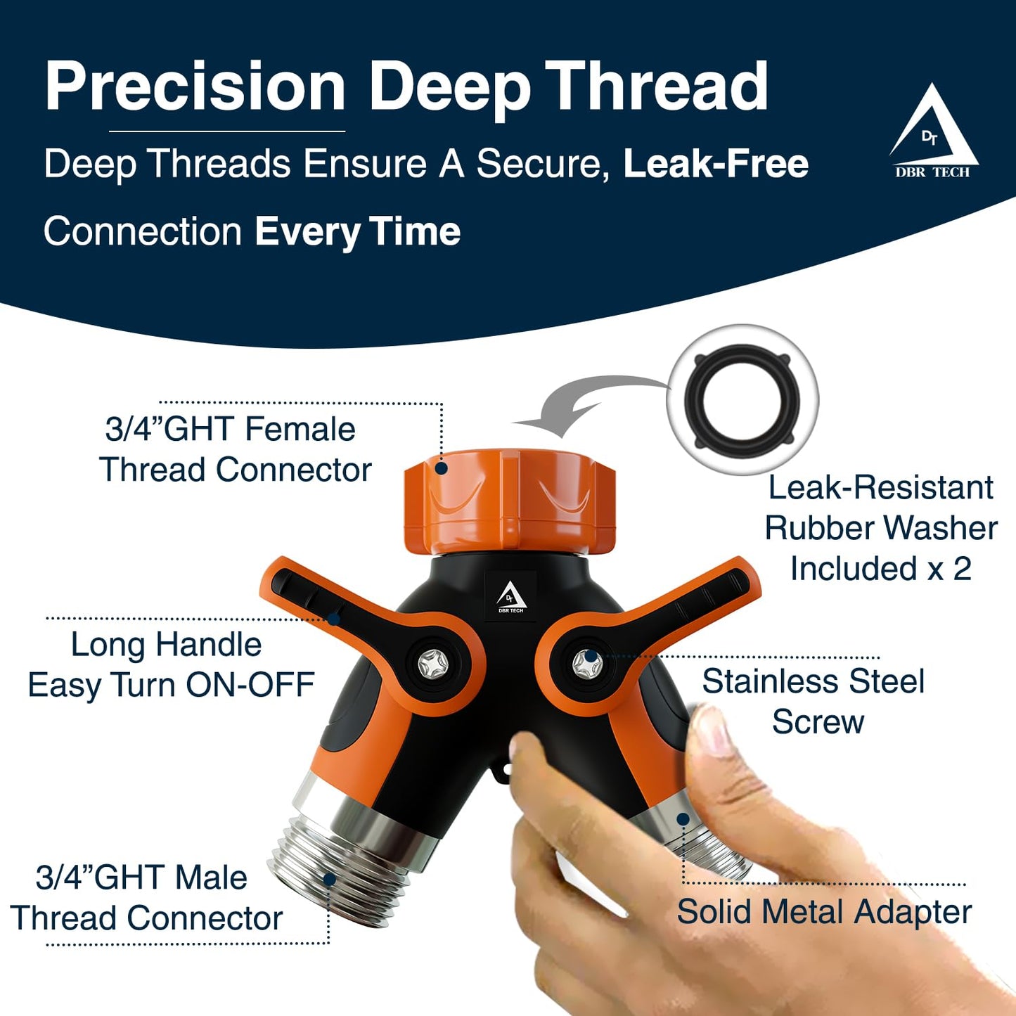 DBR Tech® Hose Splitter 2 Way, Heavy Duty Metal Connector, Two Way Garden Hose Splitter, High Flow Spigot Faucet Bib Adapter, Solid Double Y Shut Off Valve for Outdoor Gardening Hoses, Orange