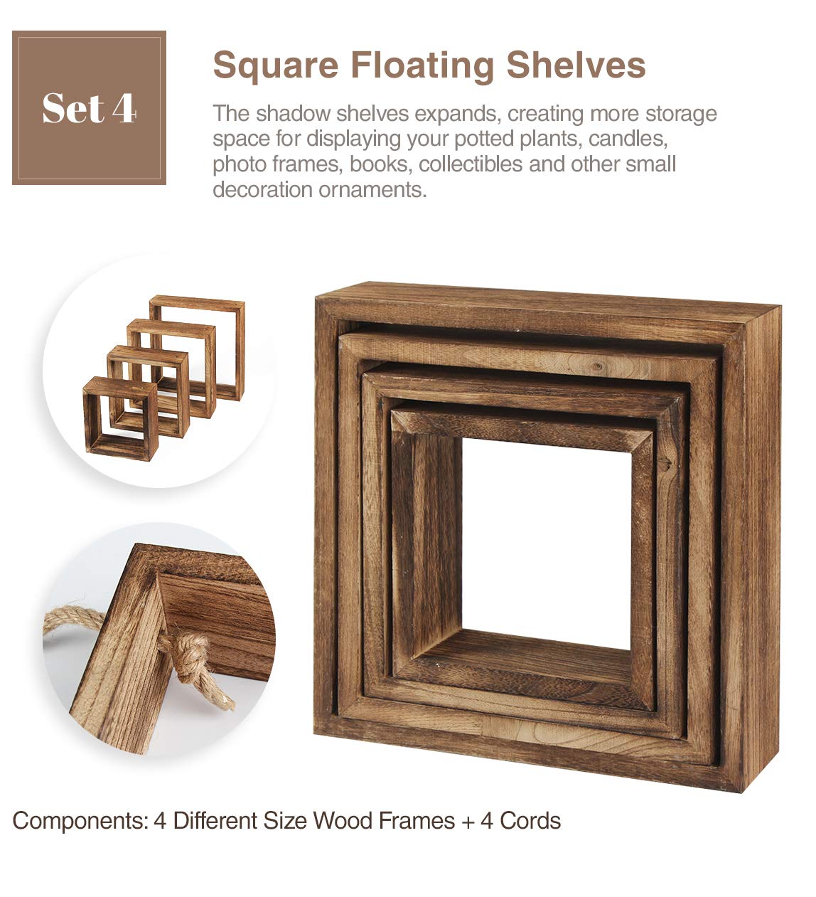 J JACKCUBE DESIGN Floating Hanging Square Shelves Wall Mounted Rustic Wood Cube Display Shelf Shadow Boxes Decorative Boho Home Décor for Living Room, Bedroom, Office, Set of 4 (Brown) - MK571B