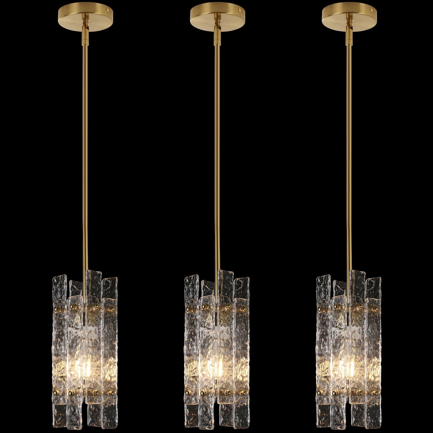 Modern Crystal Pendant Light for Kitchen Island, Gold Luxury Mini Water Ripple Glass Chandelier Lights Fixture, Modern square Adjustable Hanging Pendant Lighting for Dining Room Bedroom (3-Pack)