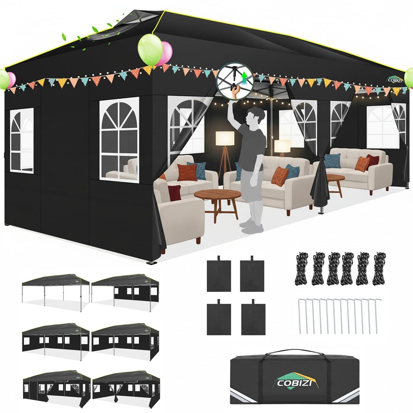 COBIZI 10x20 Pop Up Canopy Tent with 6 Sidewalls One Push Setup Outdoor Commercial Gazebo Waterproof UPF 50+ Party Tent with Carry Bag,Air Vent,Sandbag Tents for Parties,Wedding,Backyard,Black
