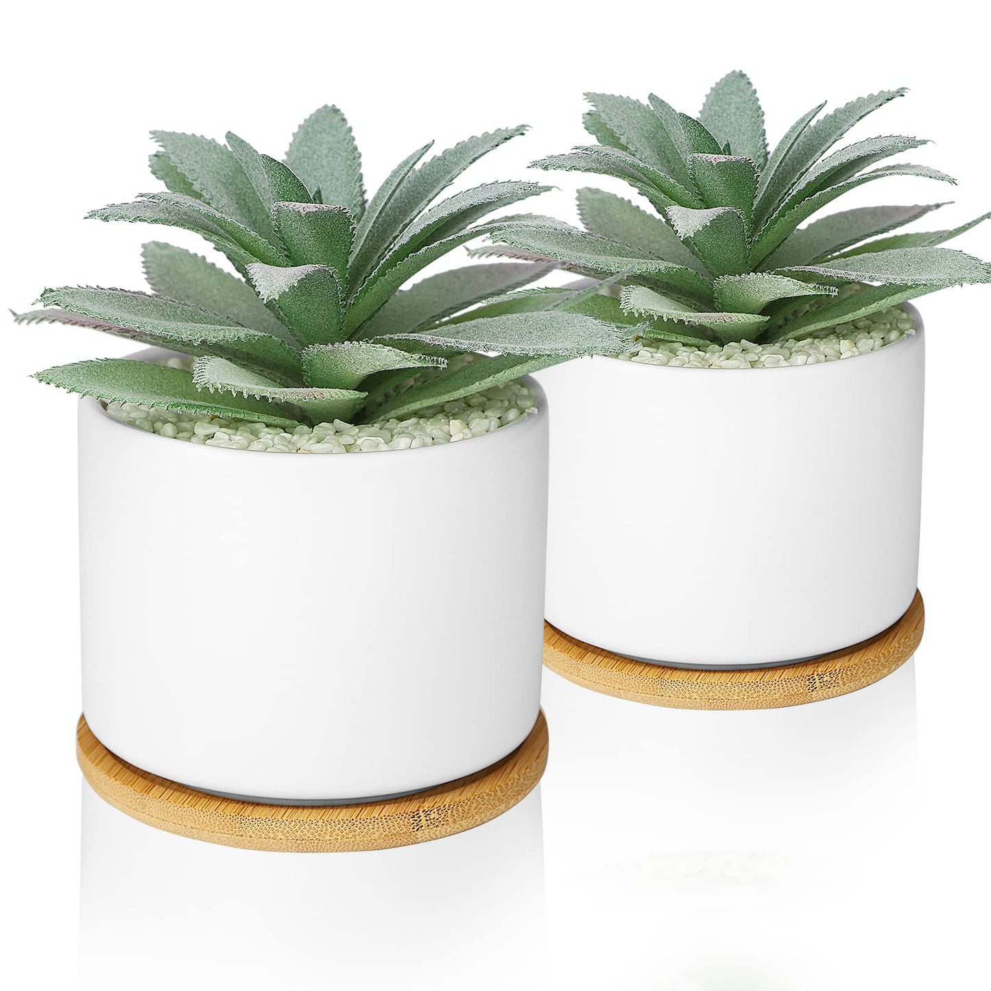 Hopewood Artificial Succulents Plant, Faux Agave Succulent Plant in Ceramic Pots with Bamboo Tray, Fake Potted Plants for Office Desk Living Room Decor(Set of 2)