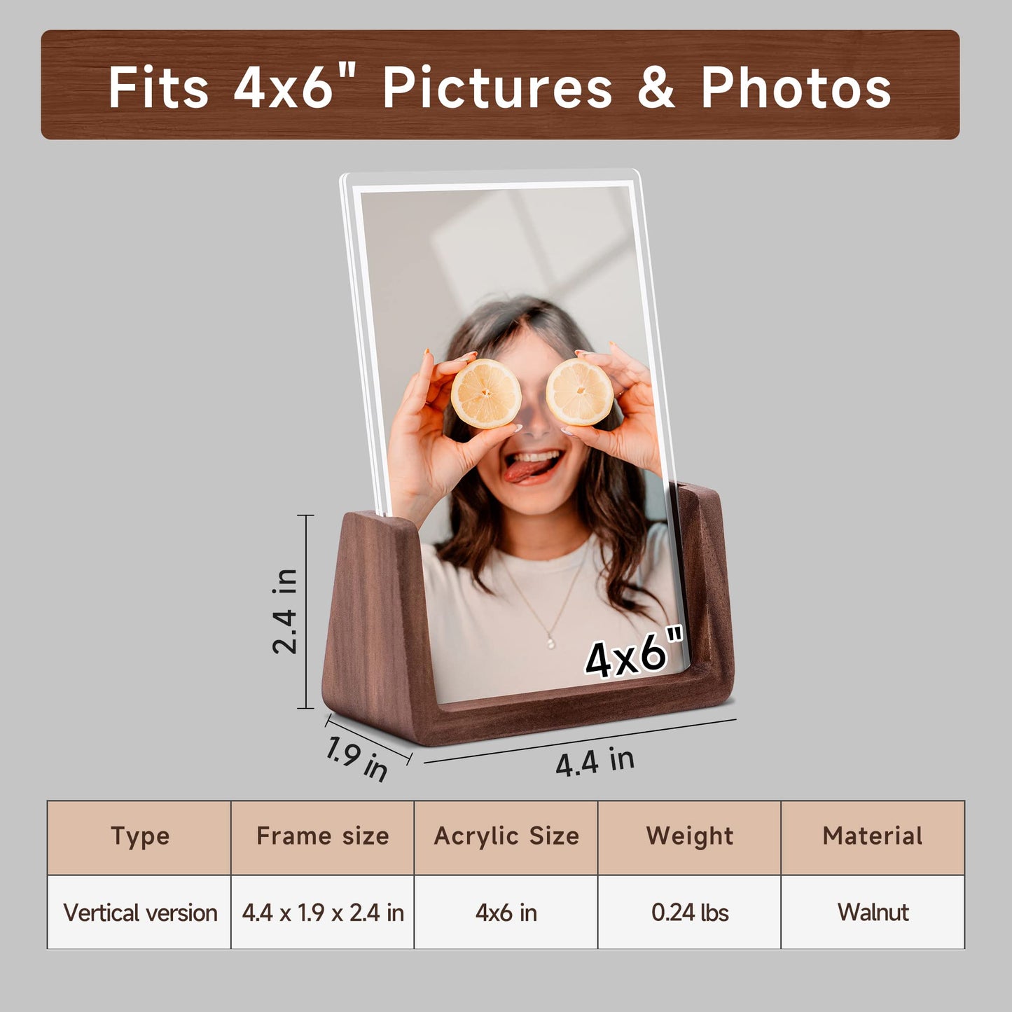 Komimaci 4x6 picture frames, Solid Rustic Wooden Photo Frames with Walnut Wood Base and High Definition Acrylic Glass Covers - for Tabletop or Desktop Display (4x6 inch, Vertical)
