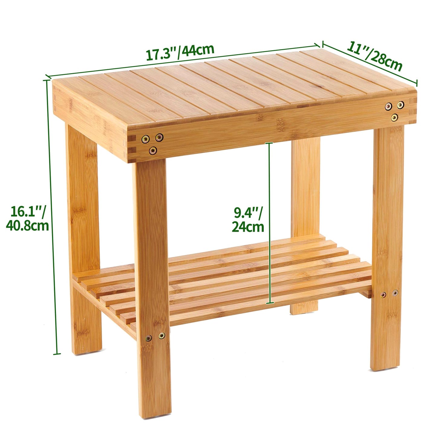 VaeFae Bamboo Shower Bench, Spa Bench Seat Stool, Foot Rest Shaving Stool with Non-Slip Feets and Storage Shelf, Works in Bathroom/Living Room/Bedroom/Garden Leisure